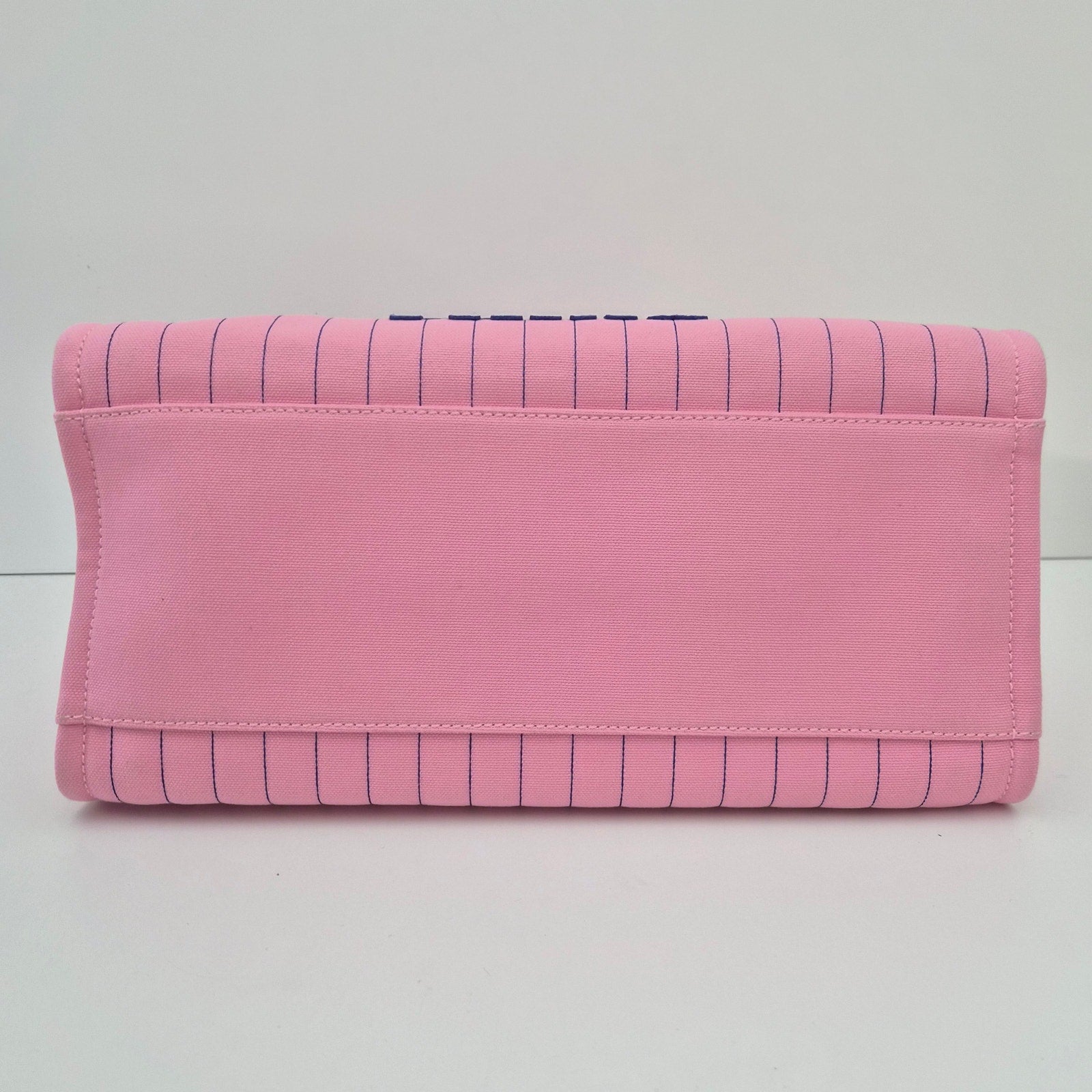 Chanel Deauville Medium Tote Bag Pink Pinstriped Canvas Blue Logo + Pouch