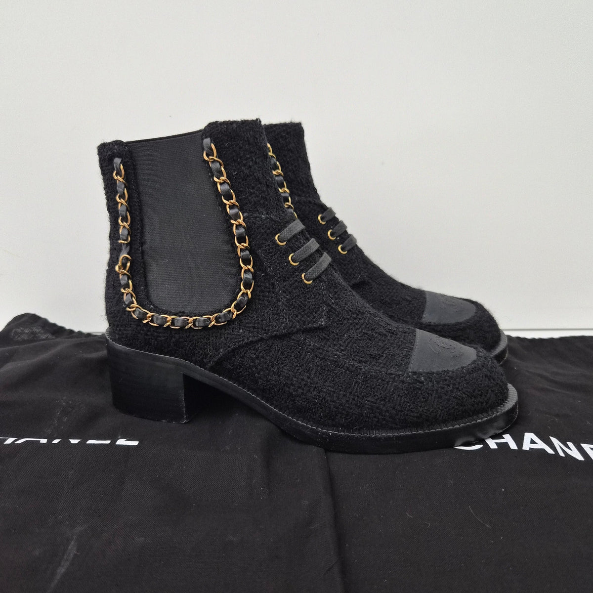 Chanel Women's Tweed Chain Chelsea Ankle Boots US 7 / EU 37