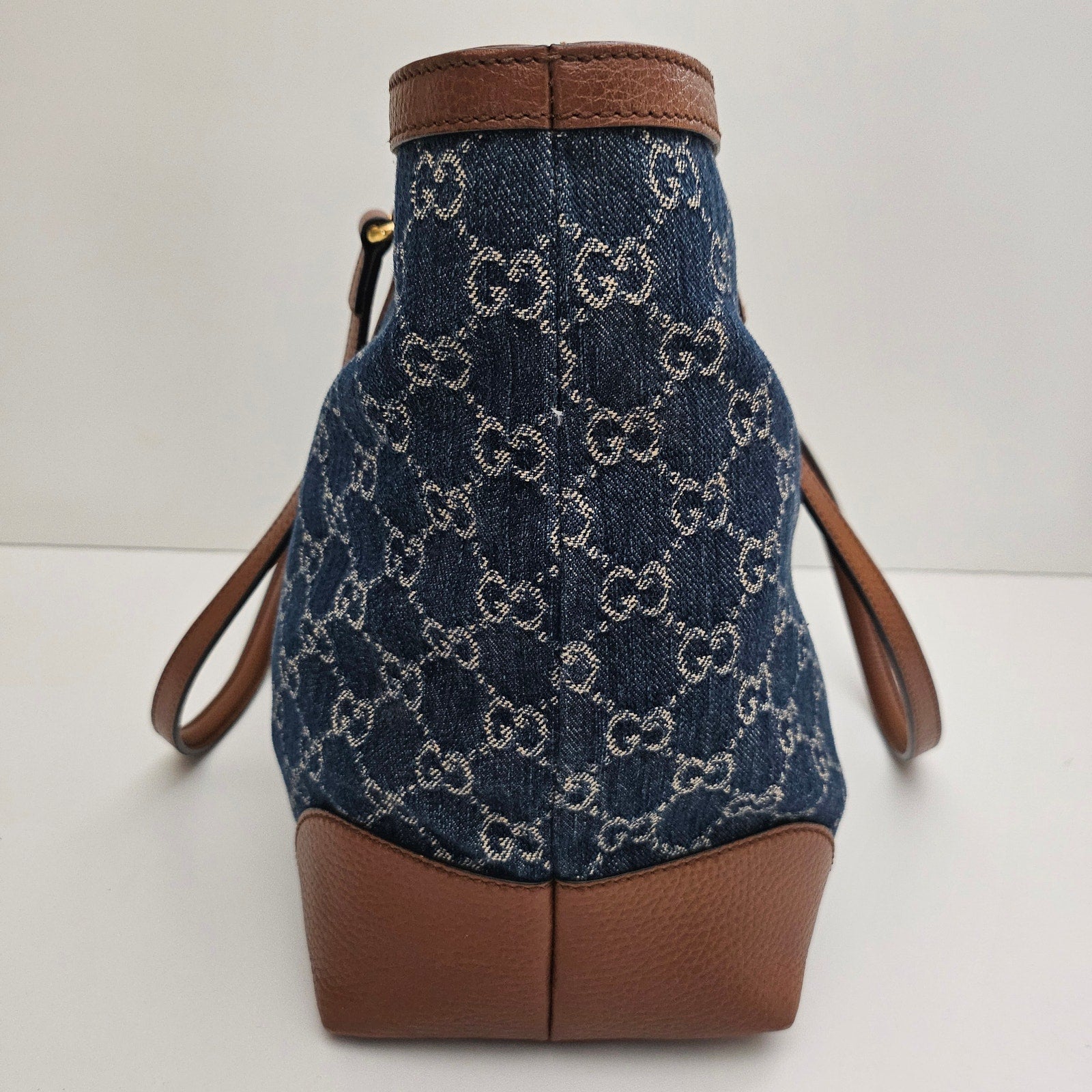 Gucci Denim GG Monogram Medium Ophidia Shopping Tote Blue Tea Cuir