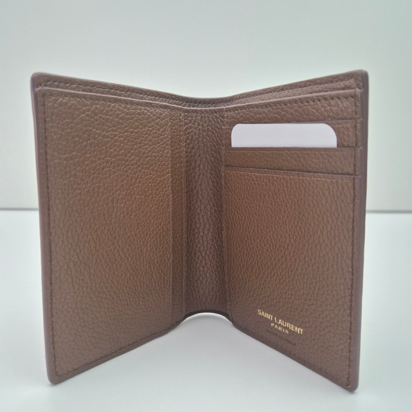 Saint Laurent Tiny Cassandre Credit Card Wallet in Grained Leather Brown