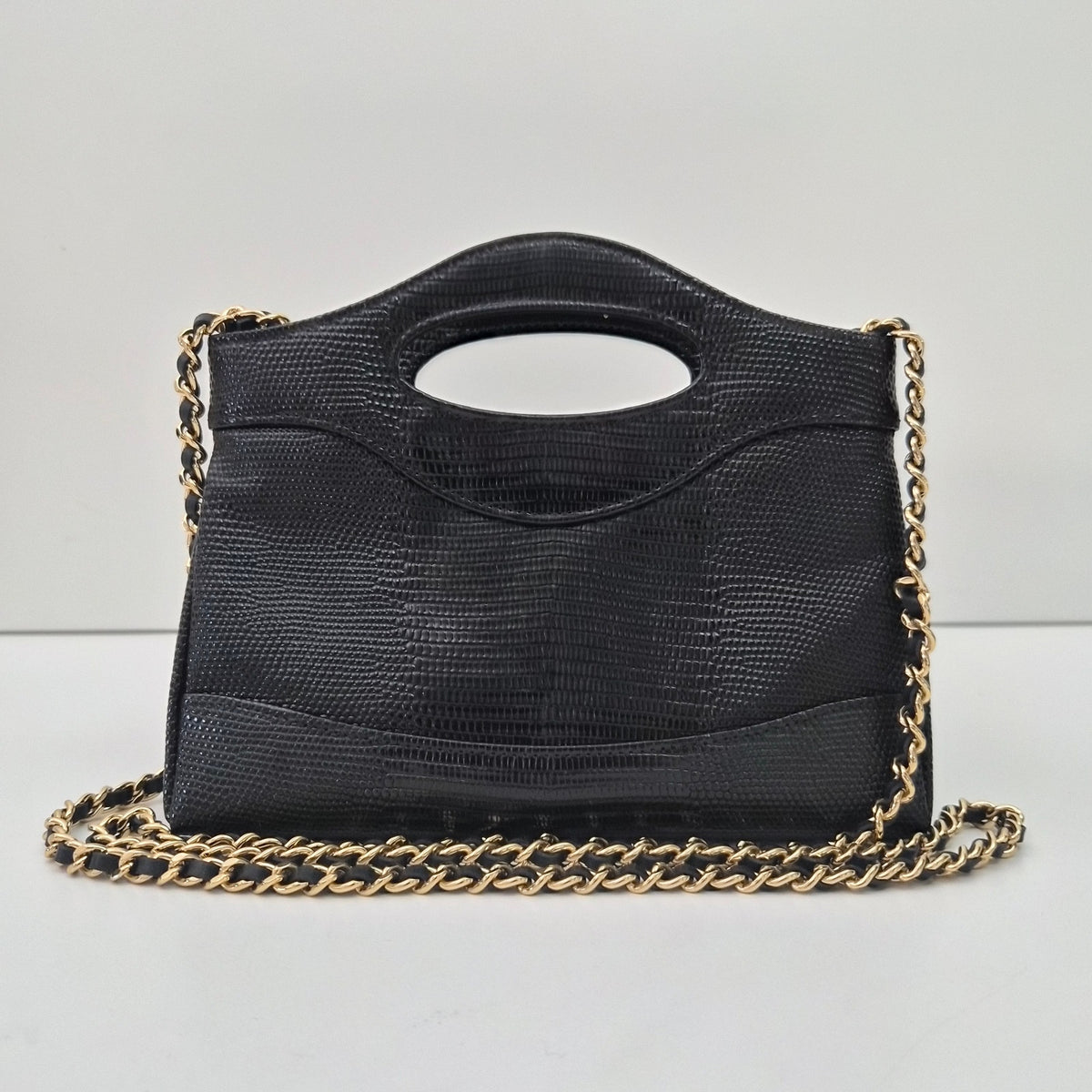 Chanel 31 Lizard Embossed Calfskin Clutch with Chain Black