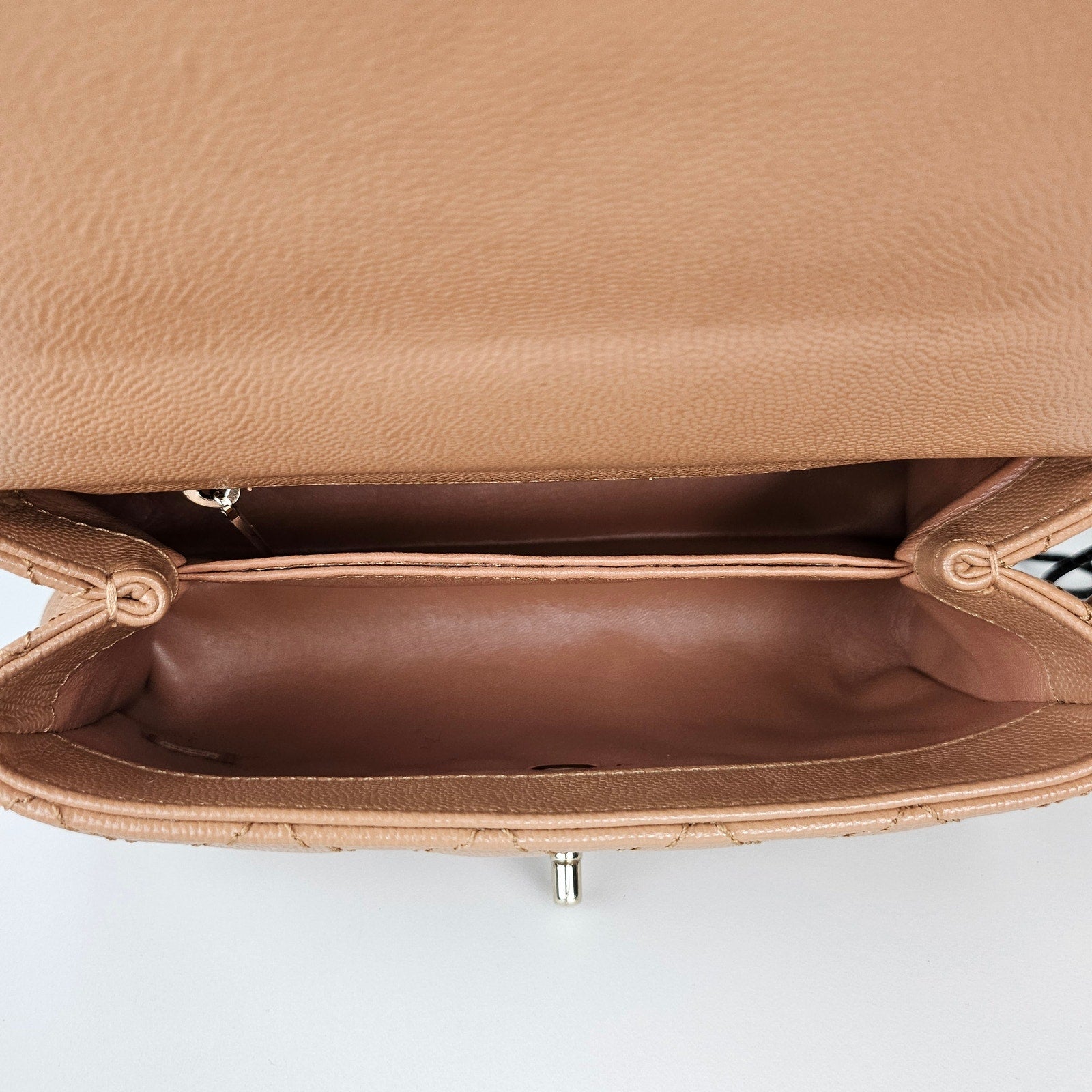 Chanel 21P Caramel Brown Caviar Leather Mini Coco Handle Gold Hardware
