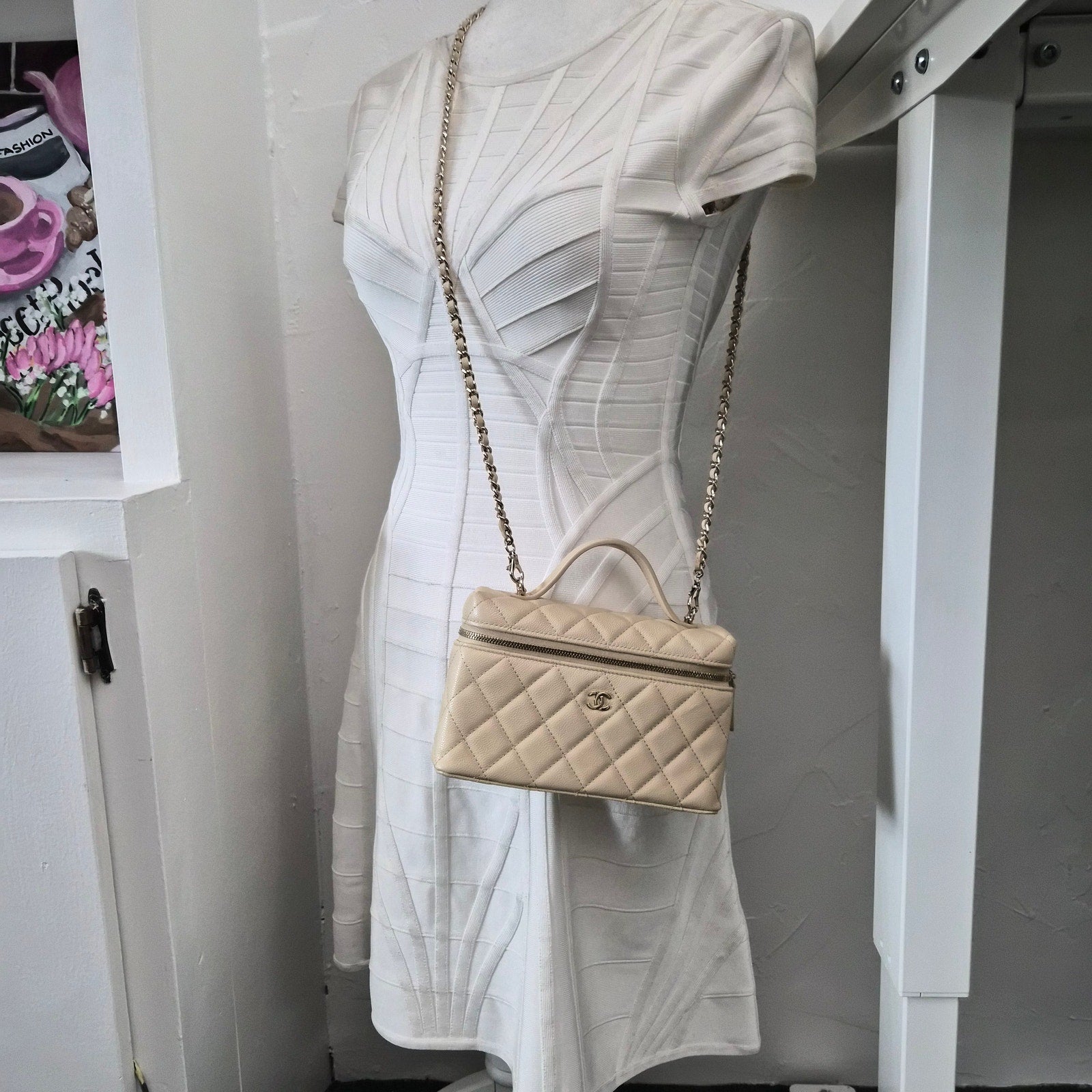 Chanel Caviar Quilted Top Handle Slim Vanity With Chain Beige