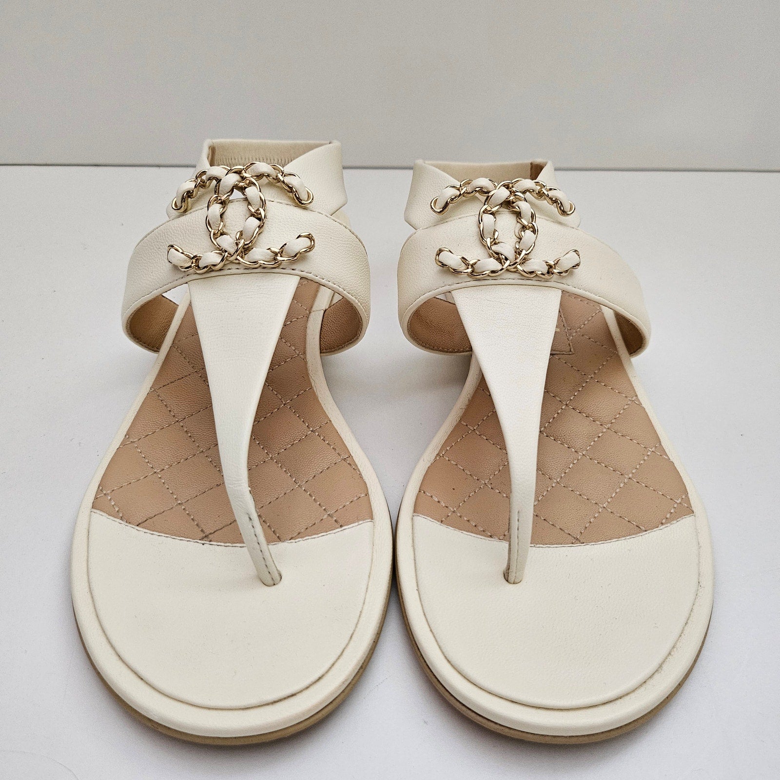 Chanel 21S White Leather Chain CC Sandals EU 37.5 / US 7.5