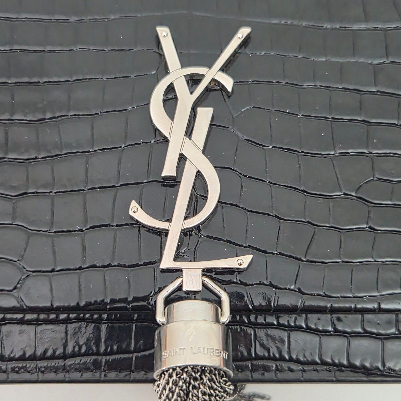 Saint Laurent Crocodile Embossed Kate Monogram Tassel Chain Wallet Black