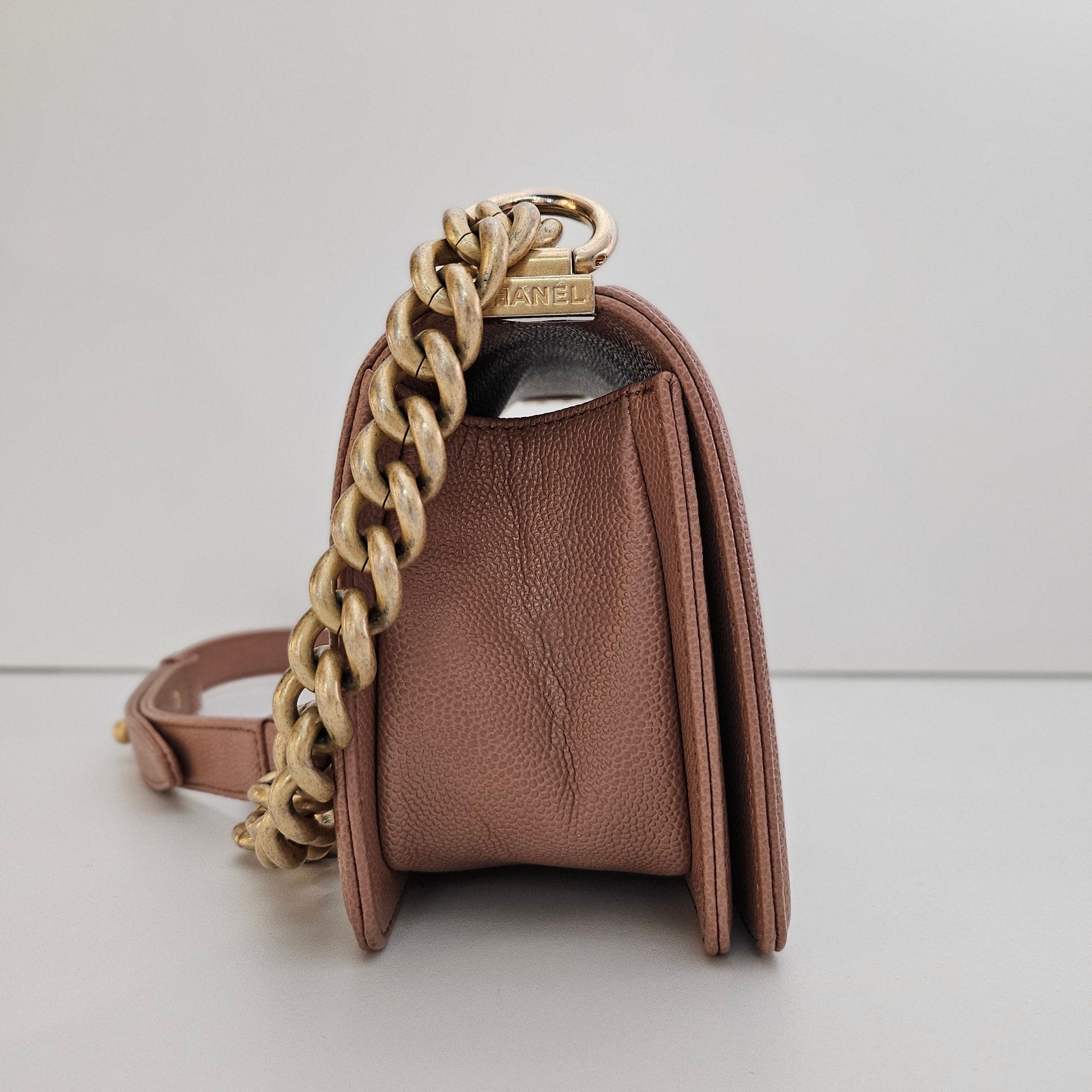 Chanel 18C Dark Beige Small Caviar Leather Boy Bag