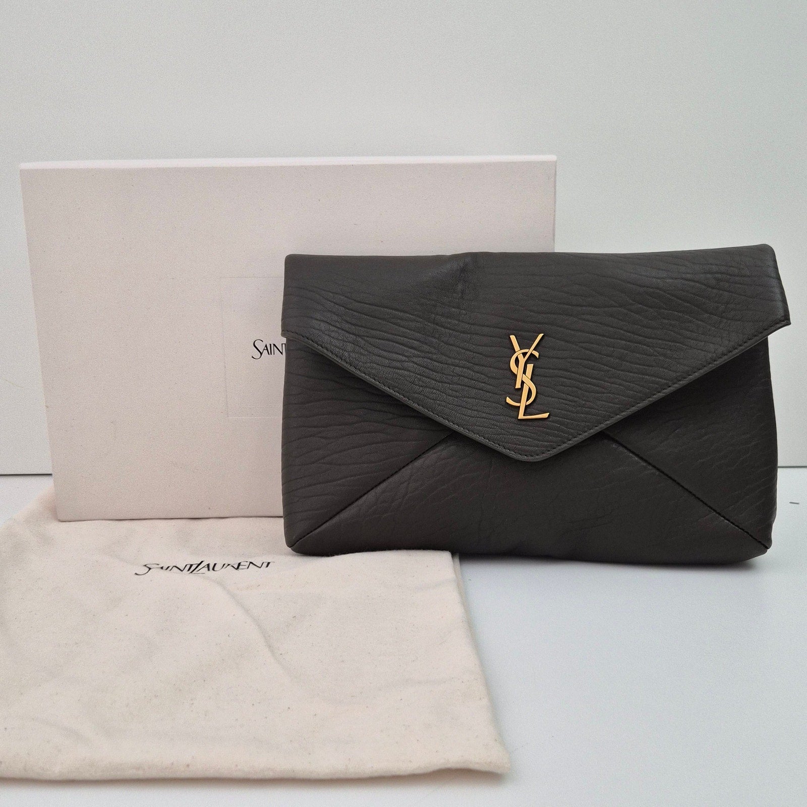 Saint Laurent Grained Lambskin Cassandre Envelope Pouch Taupe