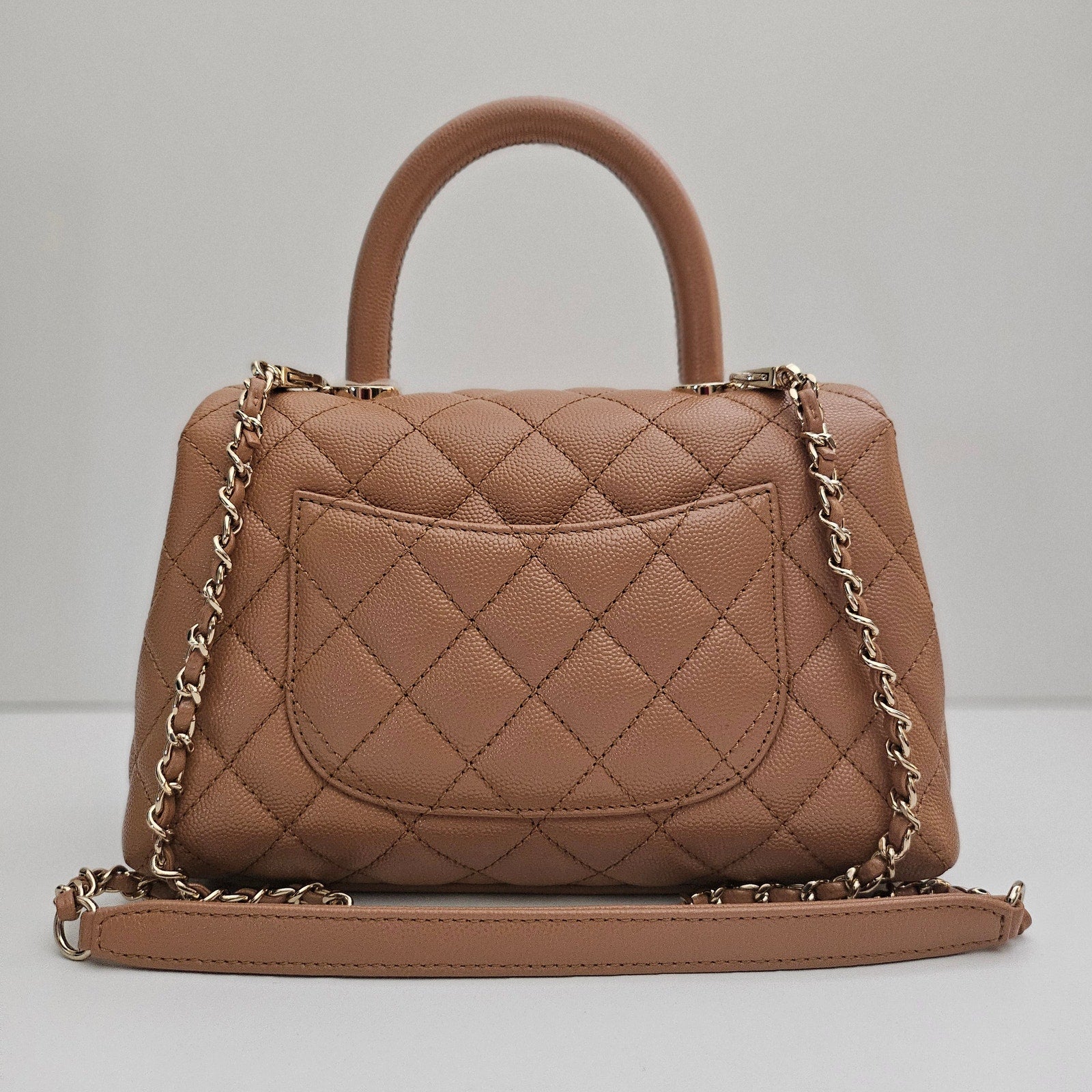Chanel 21P Caramel Brown Caviar Leather Mini Coco Handle Gold Hardware