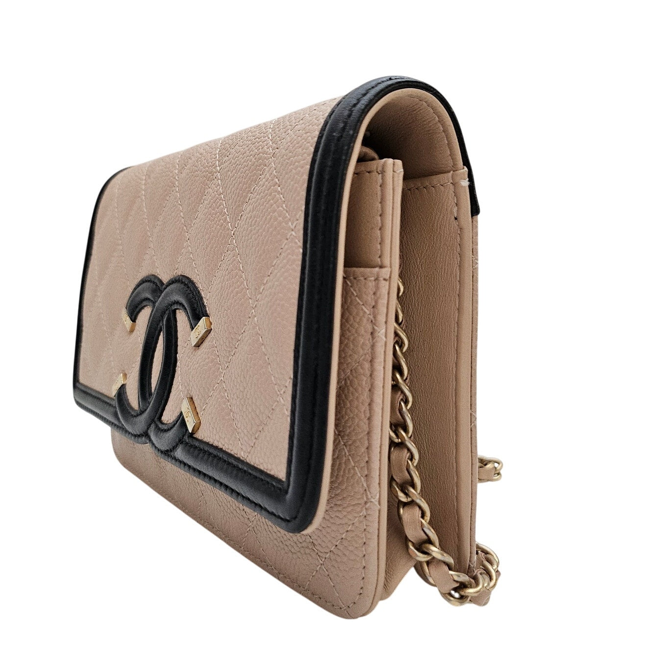 Chanel Caviar Quilted CC Filigree Wallet On Chain WOC Black Tan