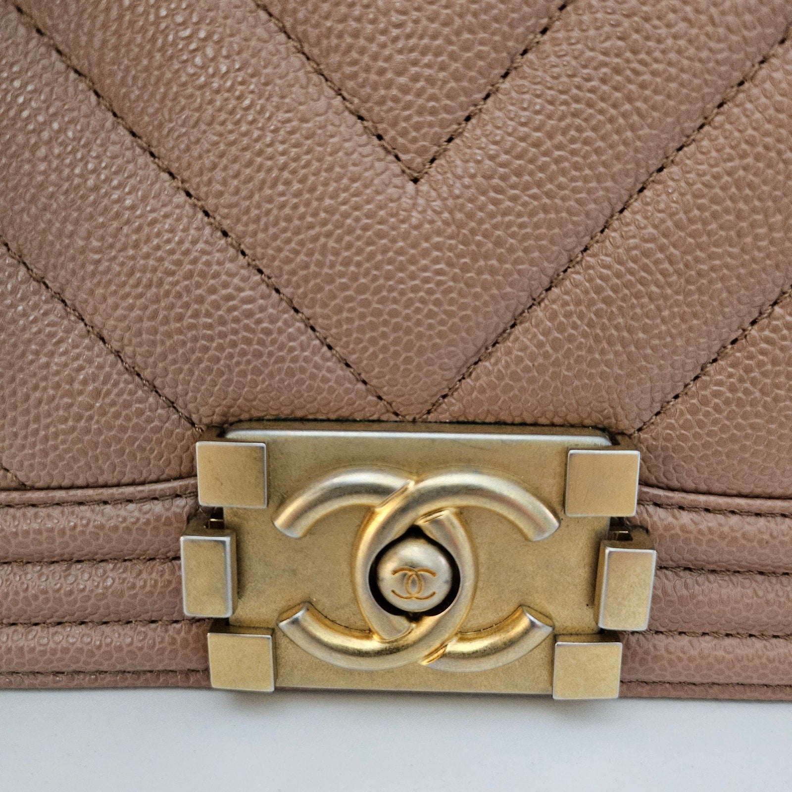 Chanel 18C Dark Beige Small Caviar Leather Boy Bag