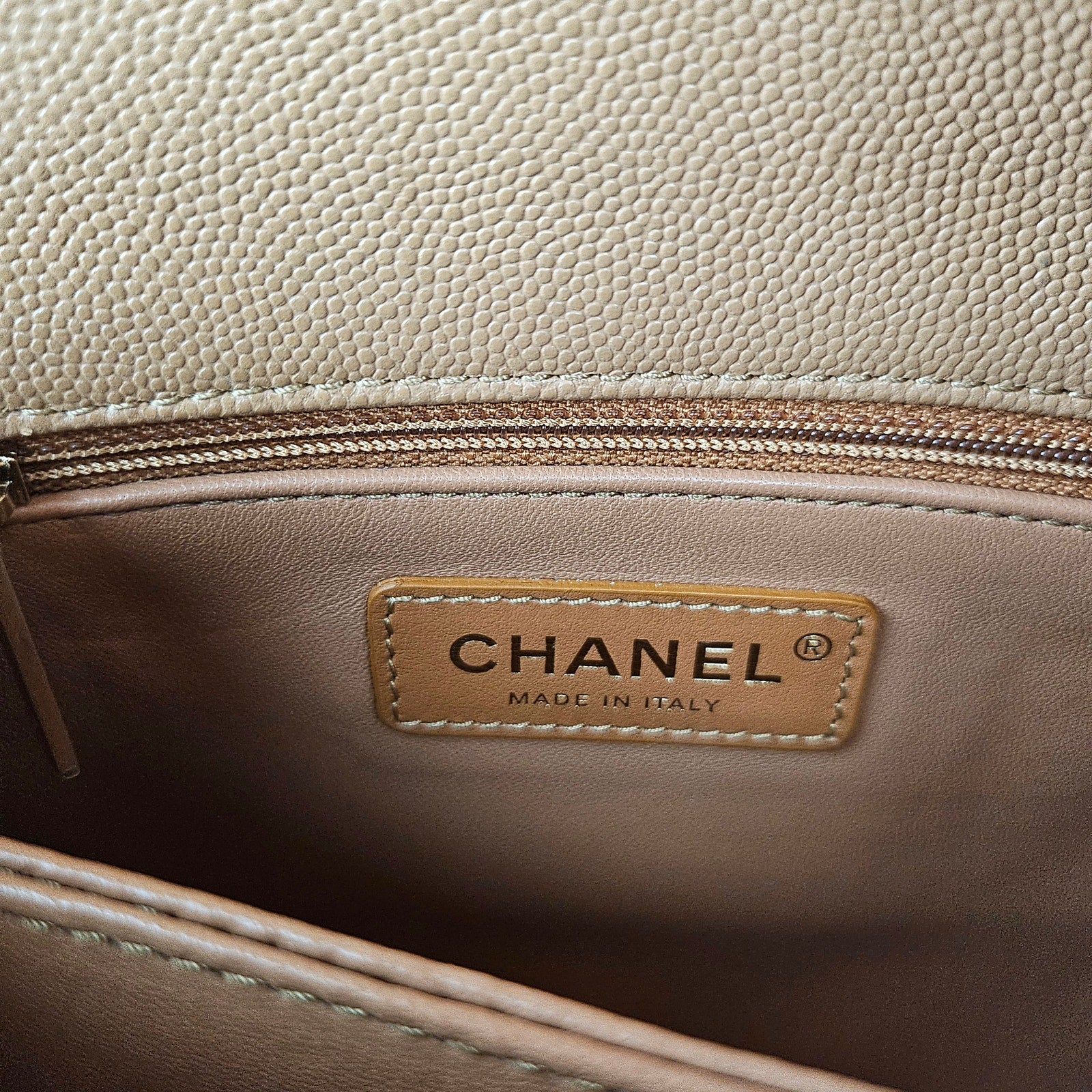 Chanel 21P Caramel Brown Caviar Leather Mini Coco Handle Gold Hardware