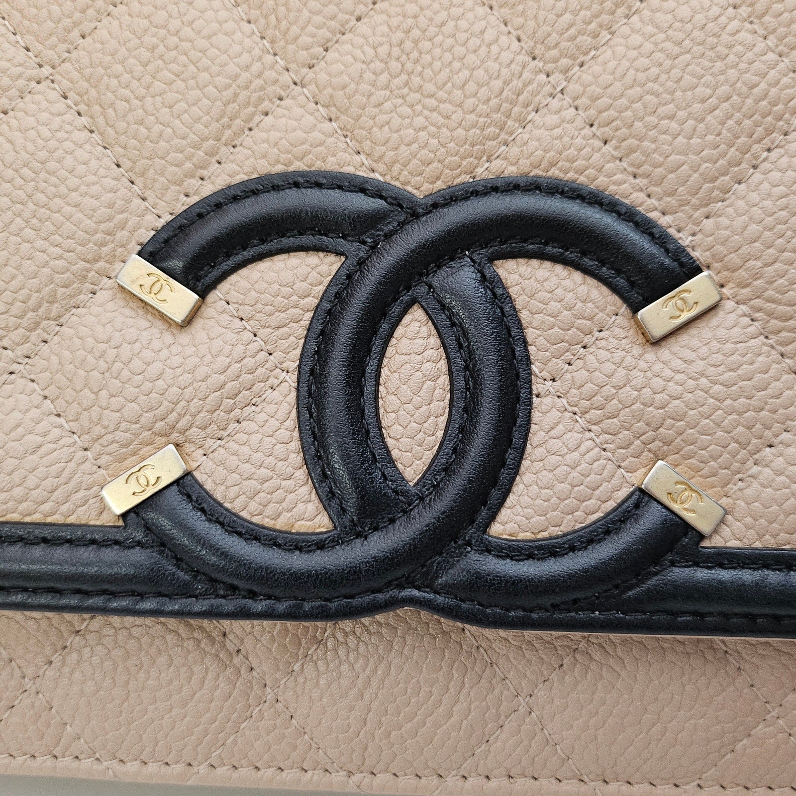 Chanel Caviar Quilted CC Filigree Wallet On Chain WOC Black Tan