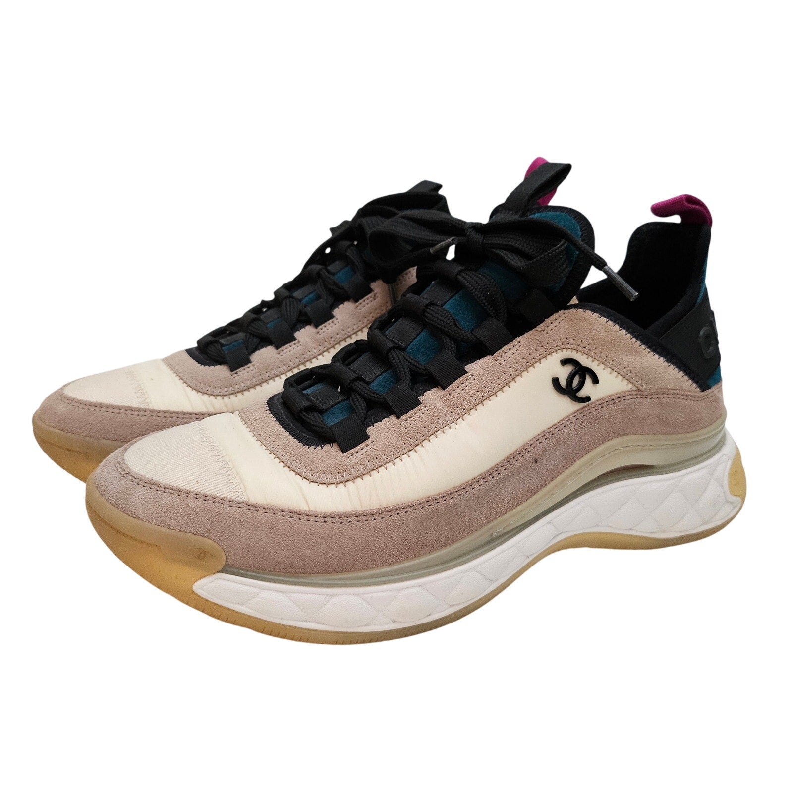 Chanel 20K Beige Pink Black Beige CC Logo Lace Up Flat Runner Trainer Sneaker US 8.5 / EU 38.5
