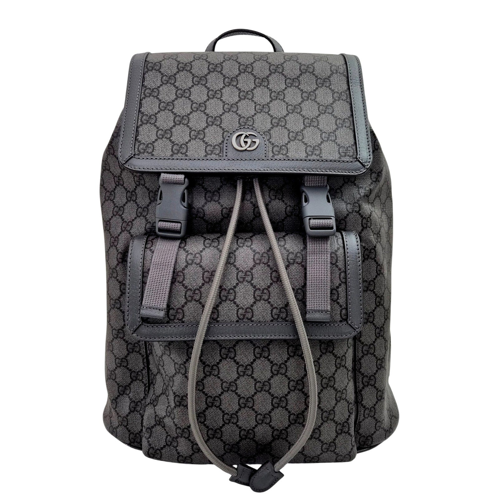Gucci Ophidia Large Double Buckle Gray GG Canvas Backpack New