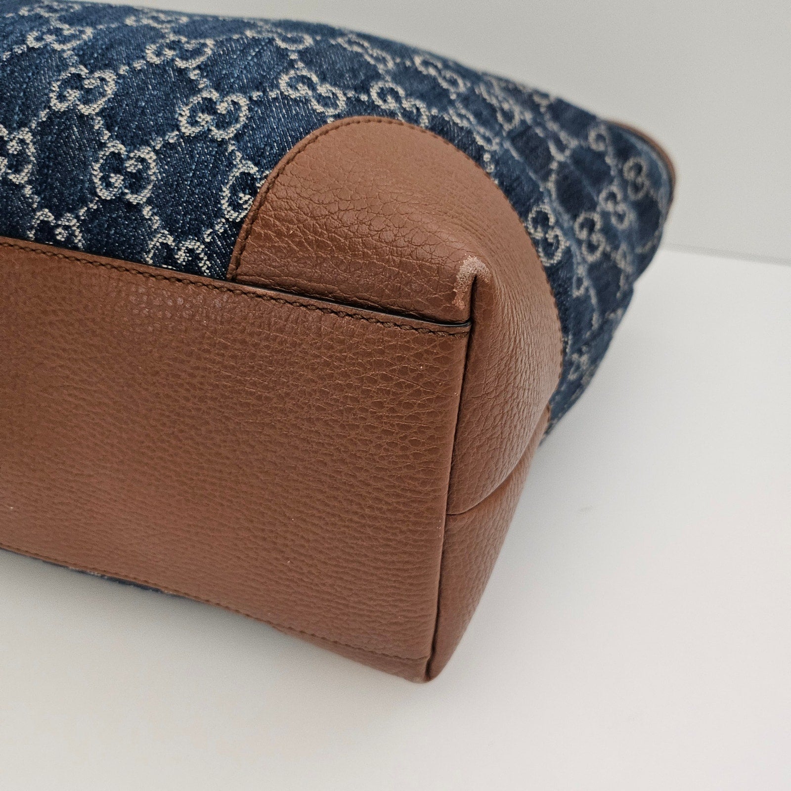 Gucci Denim GG Monogram Medium Ophidia Shopping Tote Blue Tea Cuir