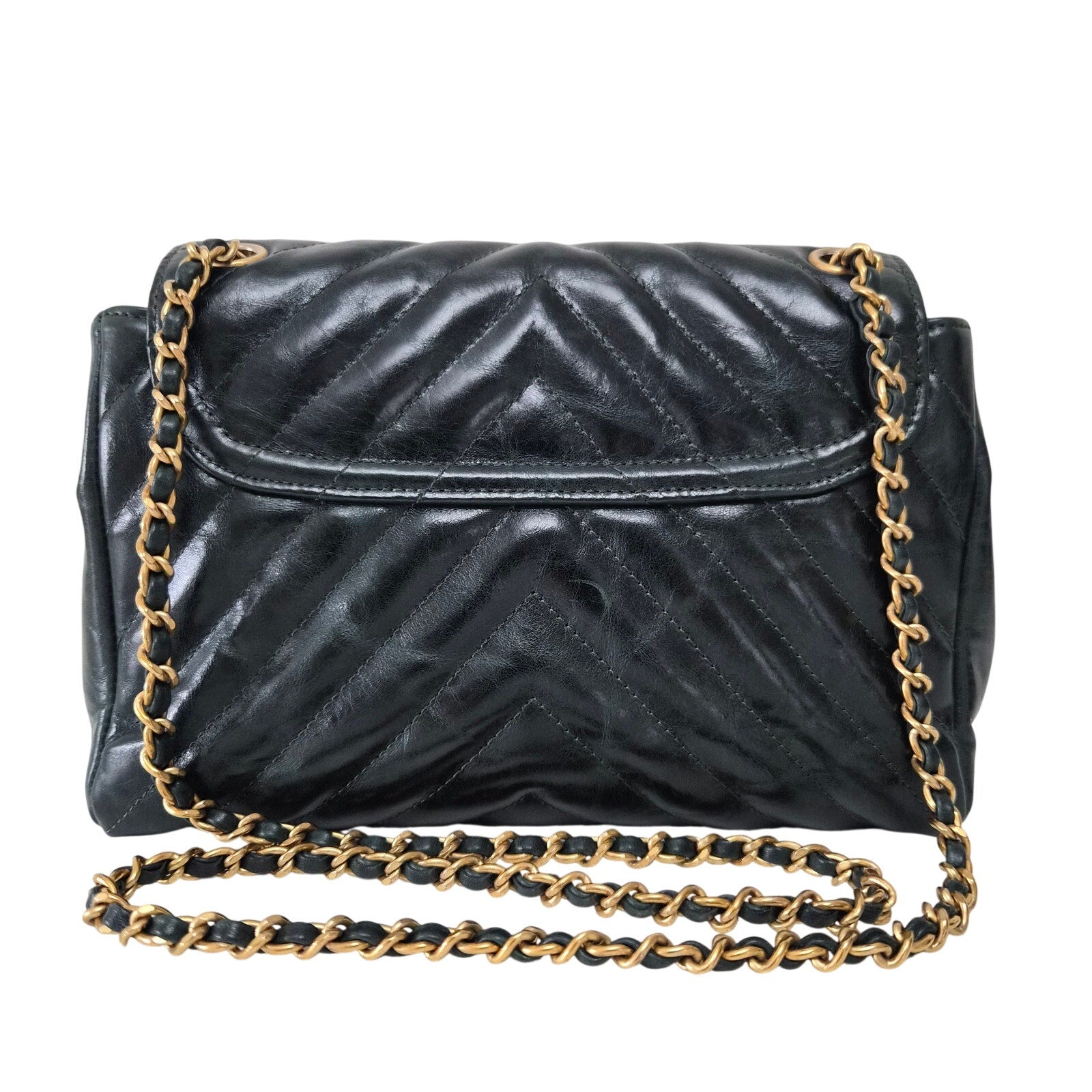 Chanel Dark Green Chevron Hampton Flap Shoulder Bag