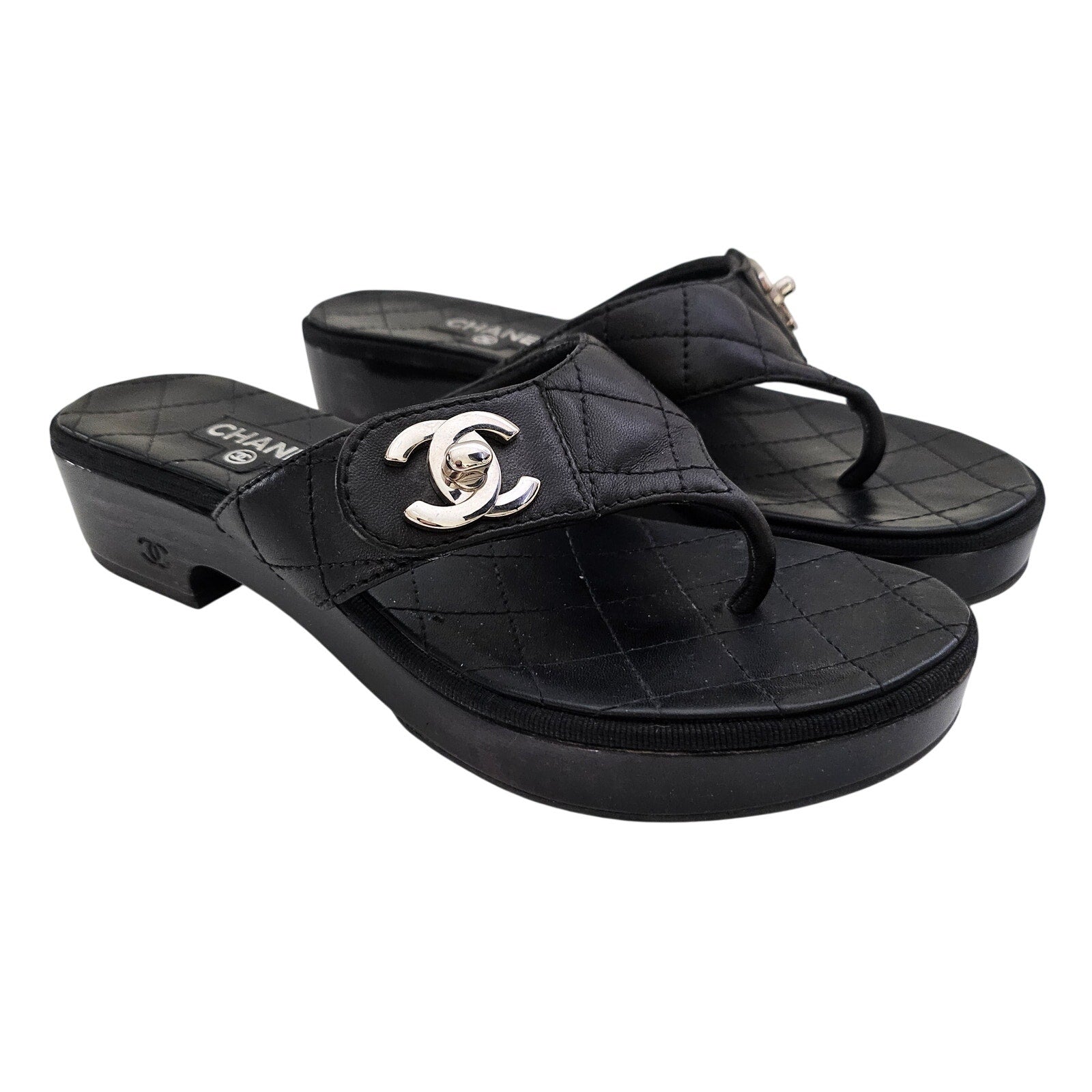 Chanel Turnlock Black Leather Sandals US 8 / EU 38