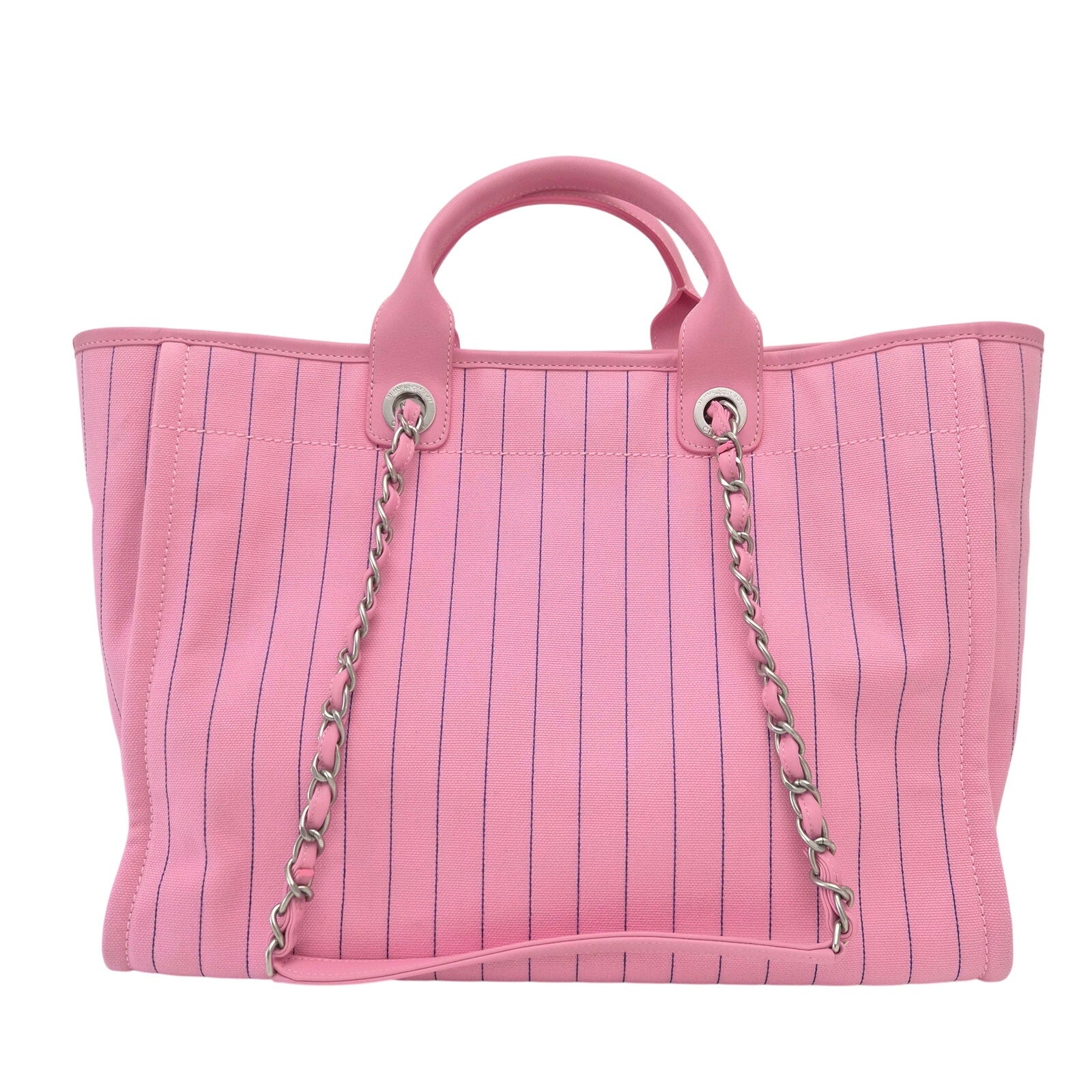 Chanel Deauville Medium Tote Bag Pink Pinstriped Canvas Blue Logo + Pouch