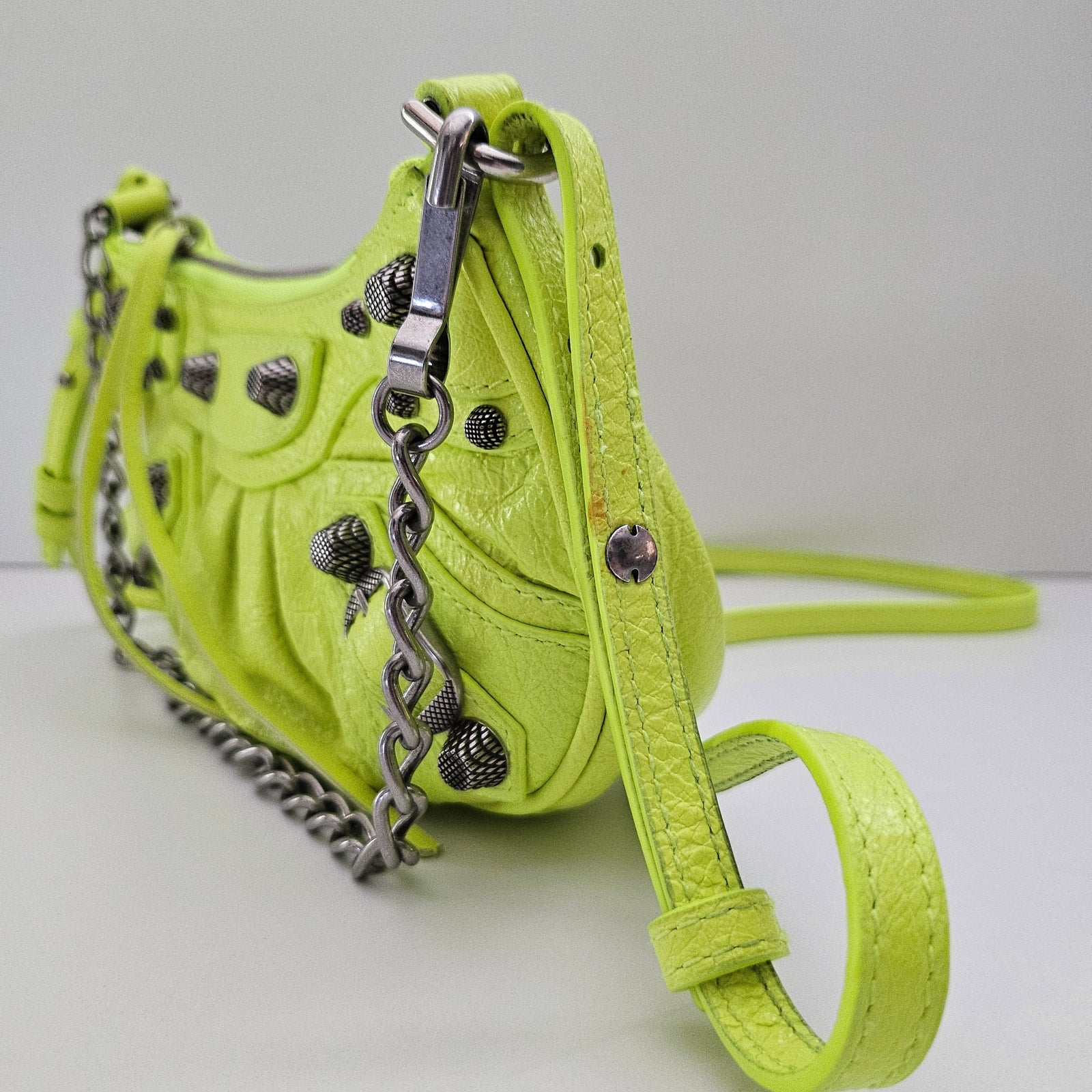 Balenciaga Agneau Arena Le Cagole Mini Purse With Chain Neon Yellow