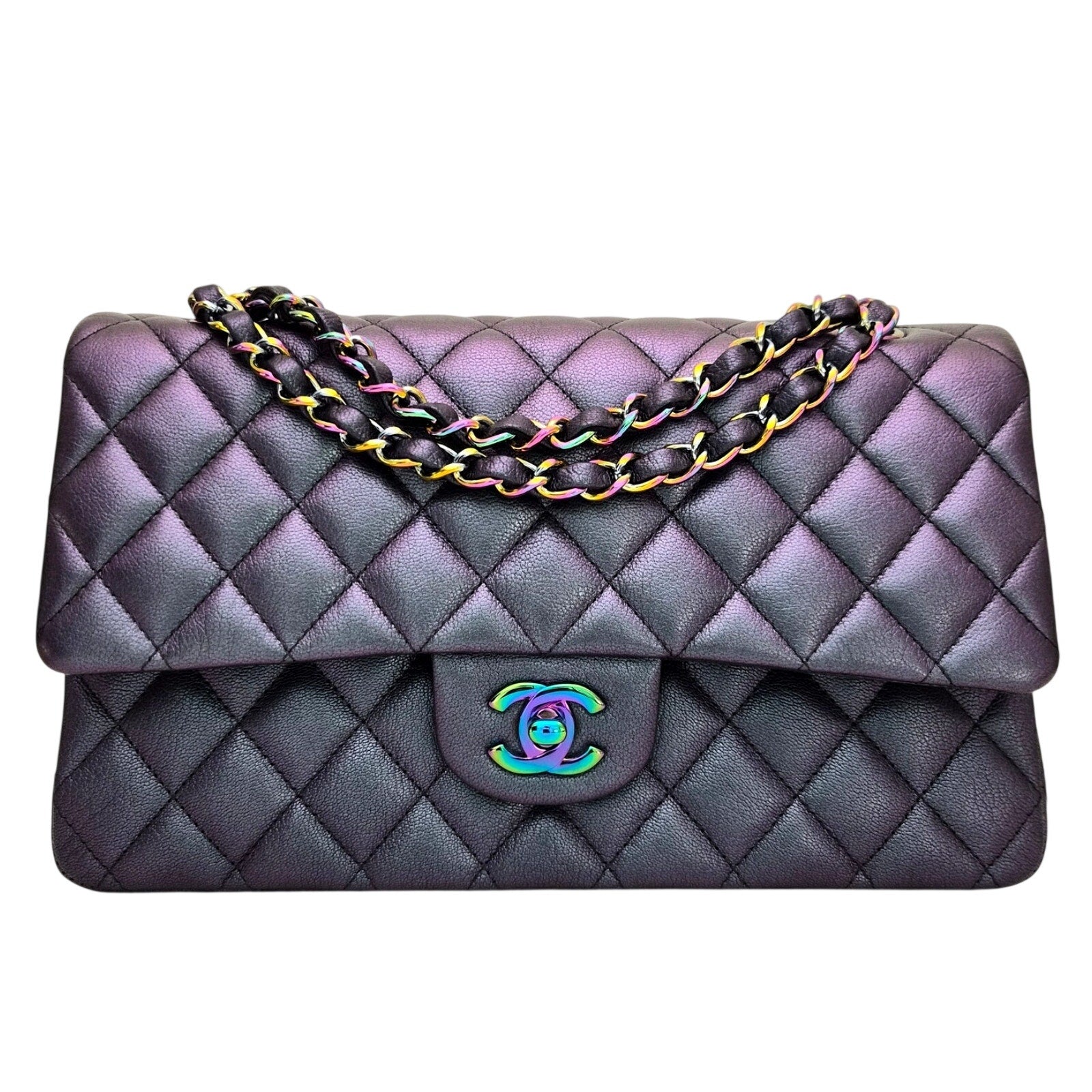 Chanel Medium Classic Double Flap Bag Iridescent Purple Mermaid Goatskin Rainbow Hardware