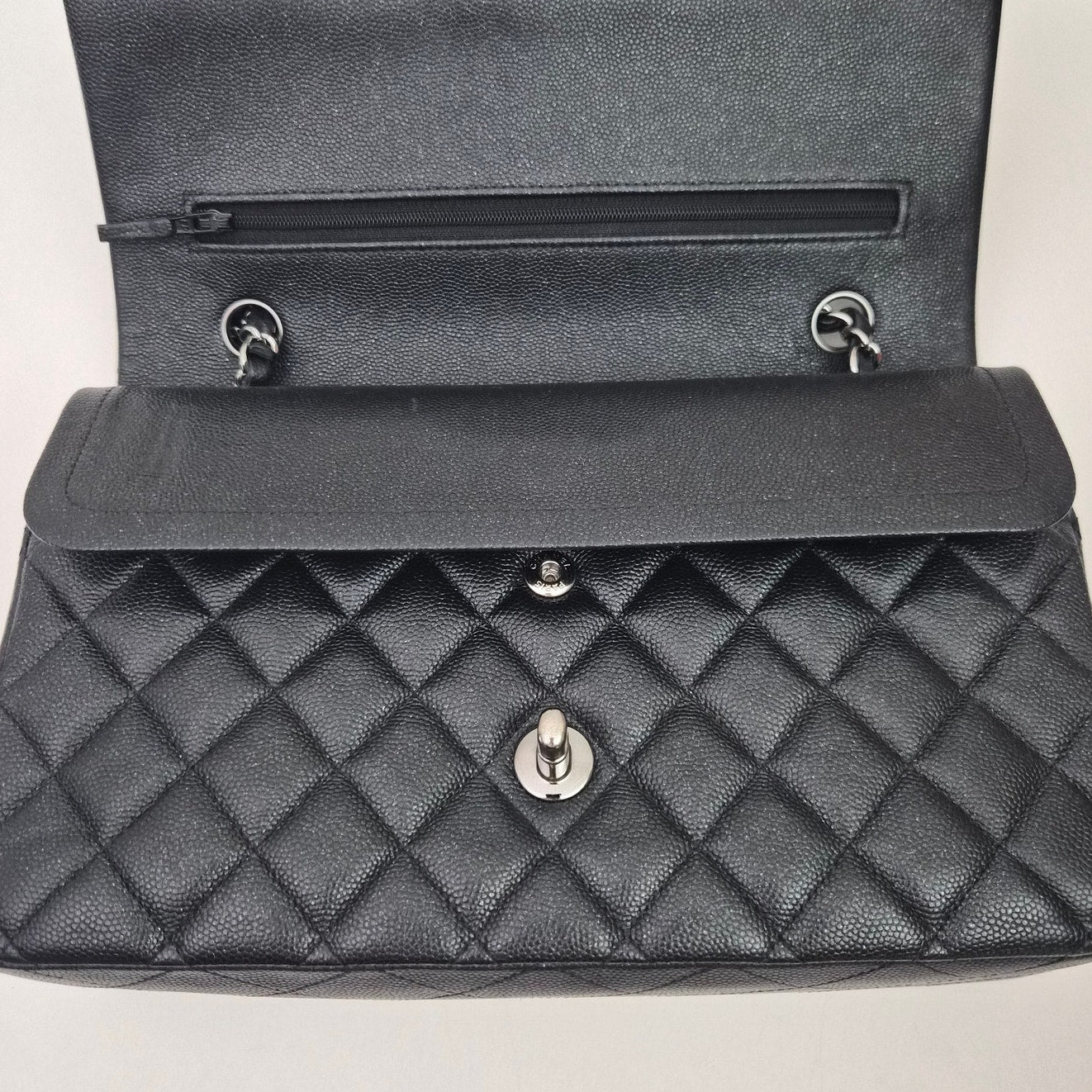 Chanel Classic Medium Glitter Flap 18C Iridescent Black Caviar Gunmetal Hardware