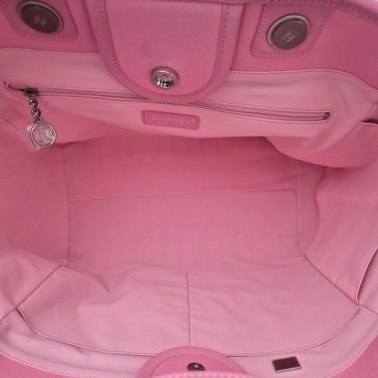 Chanel Deauville Medium Tote Bag Pink Pinstriped Canvas Blue Logo + Pouch