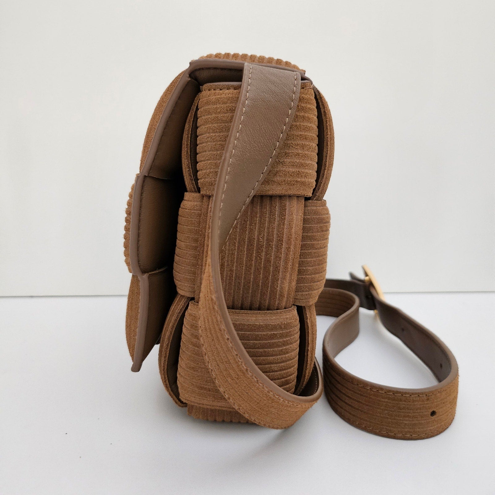 Bottega Veneta Brown Intreccio Corduroy Suede Padded Cassette