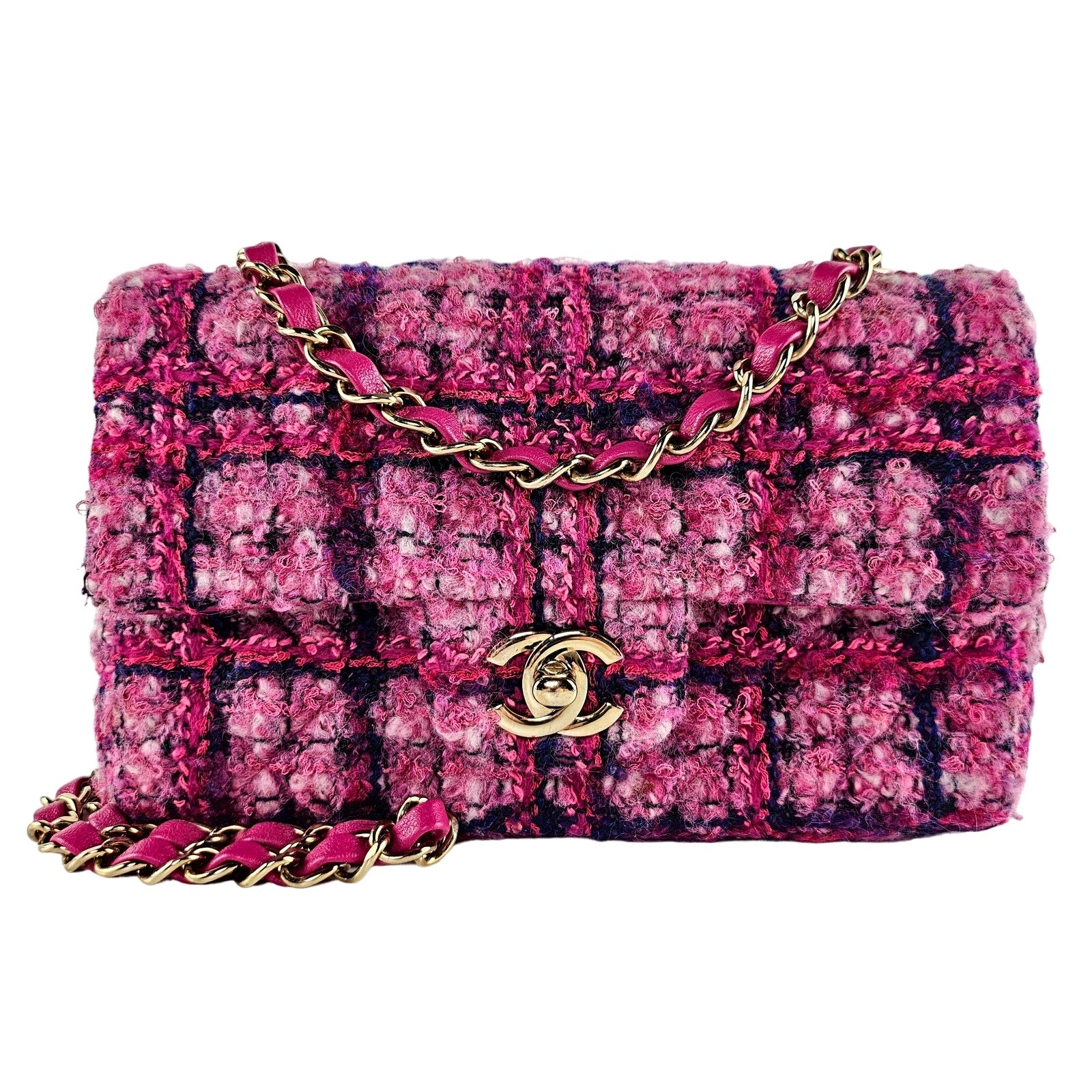 Chanel Mini Classic Flap Mixed Fibers Tweed Fuchsia Pink Crossbody