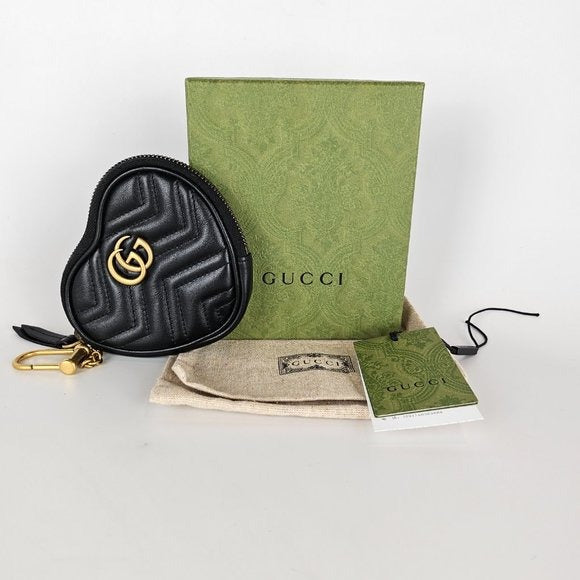 Gucci Calfskin Matelasse GG Marmont Heart Coin Purse Black