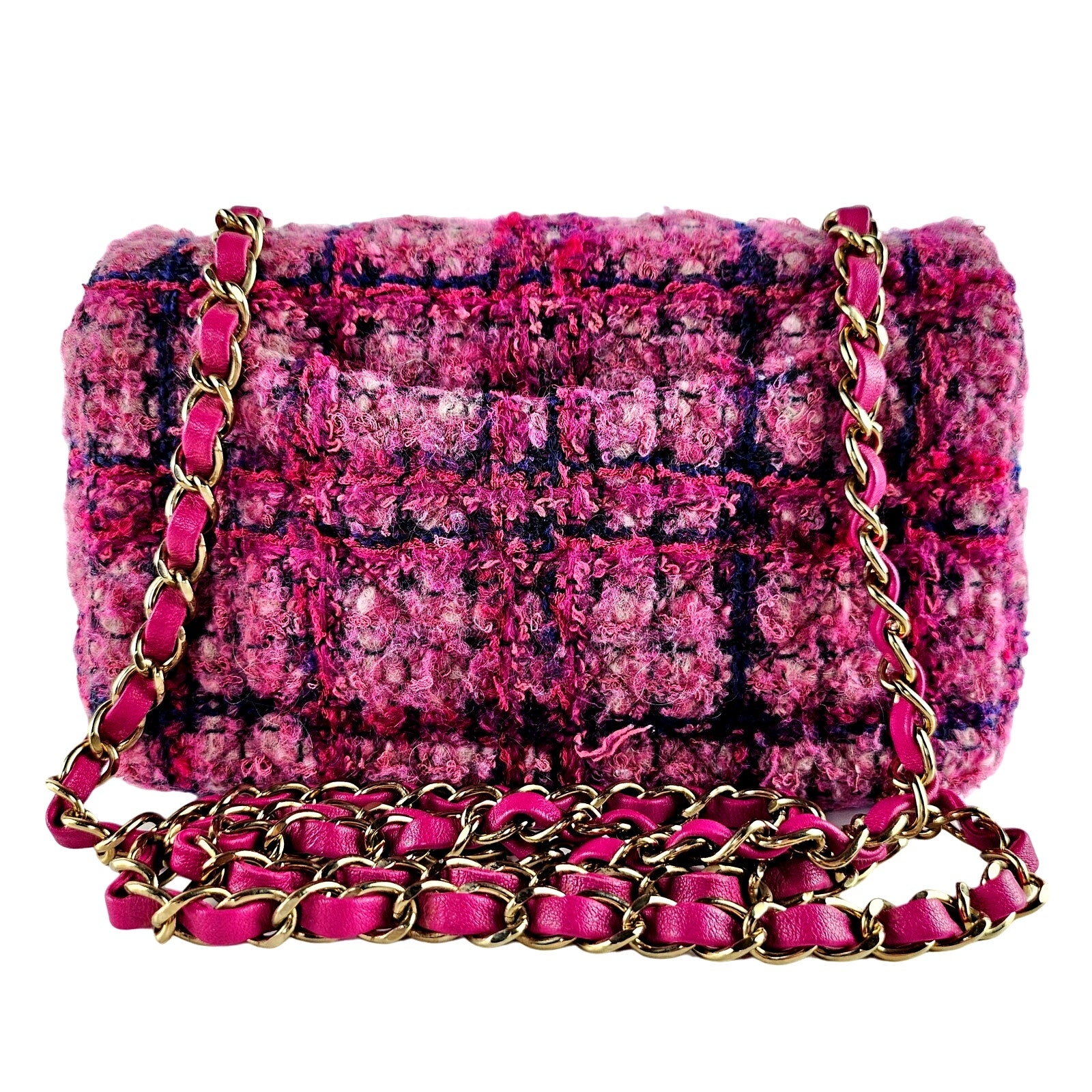 Chanel Mini Classic Flap Mixed Fibers Tweed Fuchsia Pink Crossbody