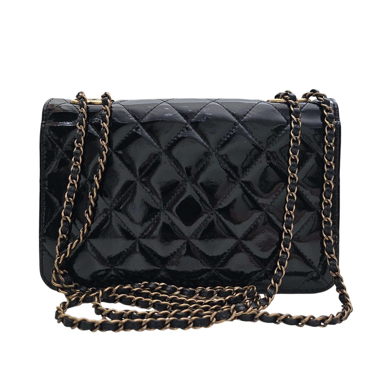 Chanel Patent Goatskin Quilted CC Eyelet Wallet On Chain WOC Black