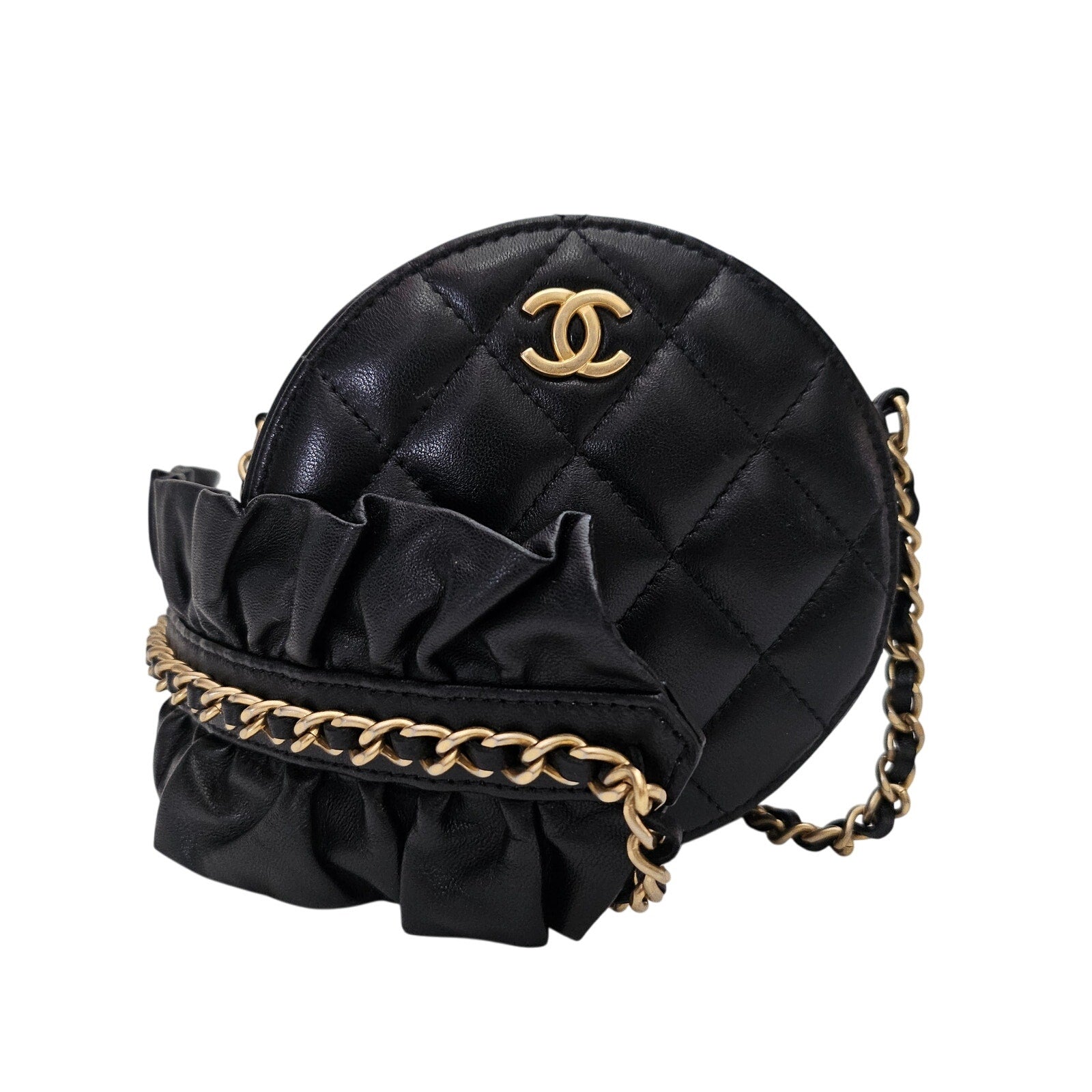 Chanel Lambskin Quilted Romance Round Clutch With Chain Black