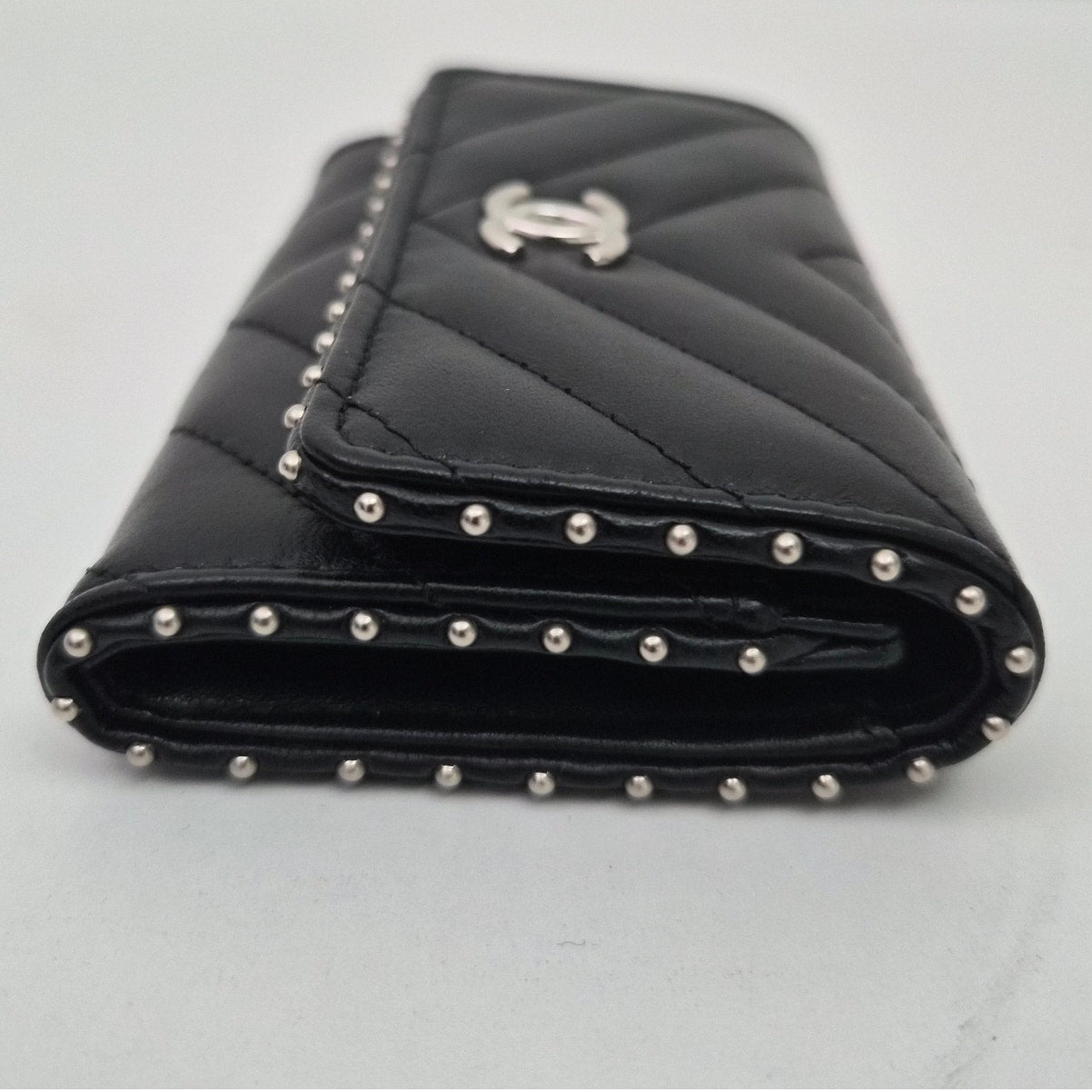 Chanel Lambskin Chevron Quilted Studded Cardholder Wallet Black