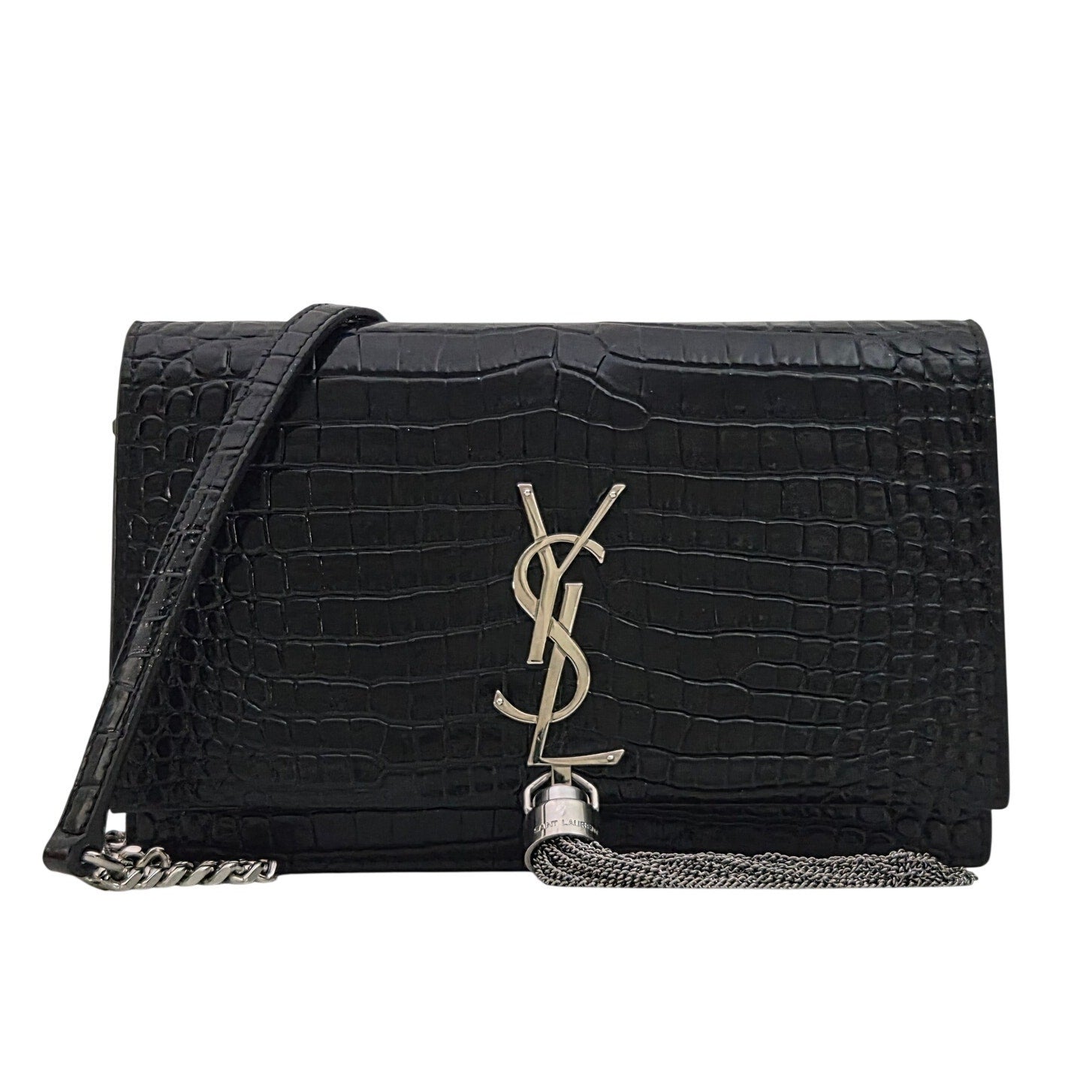Saint Laurent Crocodile Embossed Kate Monogram Tassel Chain Wallet Black