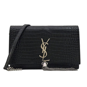 Saint Laurent Crocodile Embossed Kate Monogram Tassel Chain Wallet Black