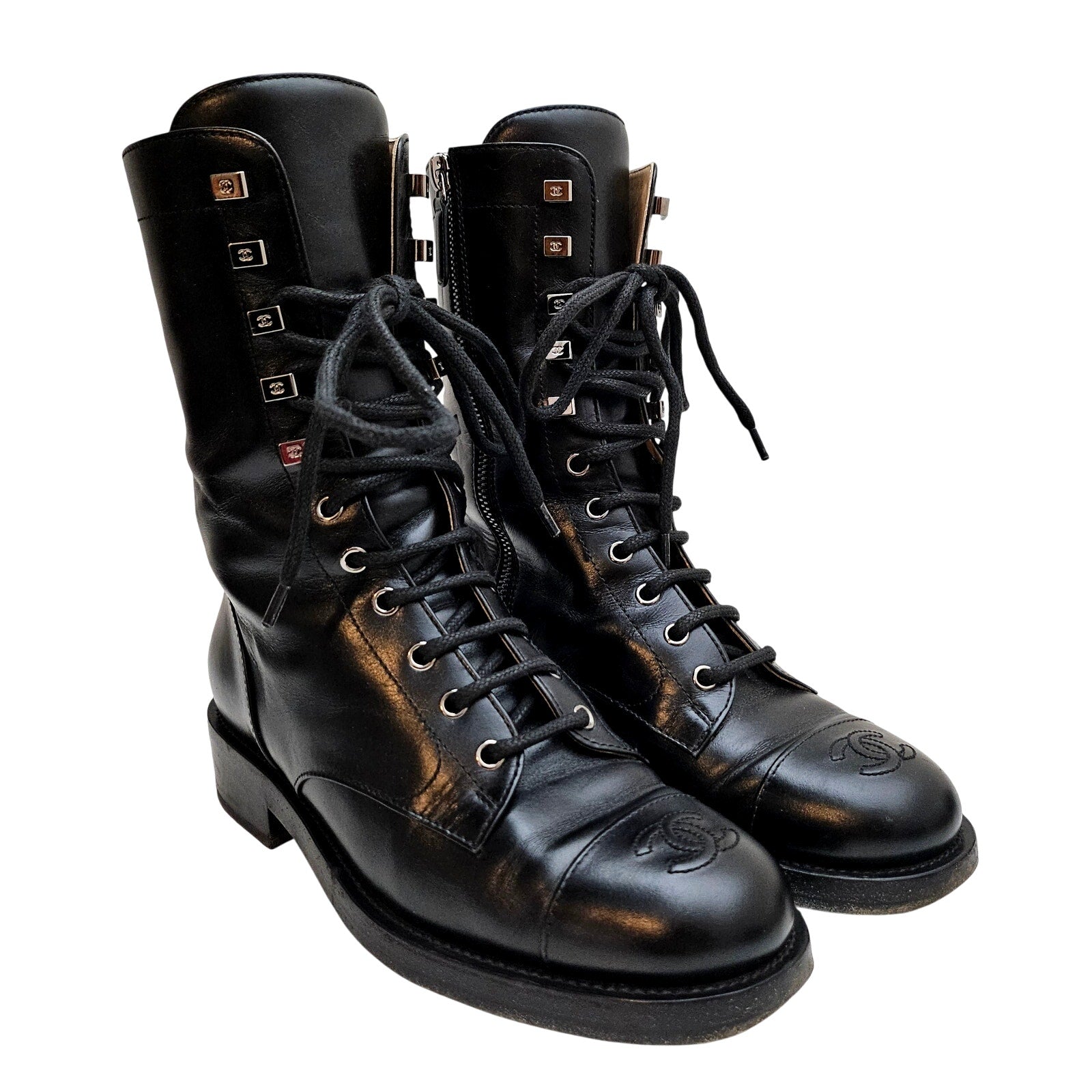 Chanel Black Leather Cc Combat Boots US 8 / EU 38