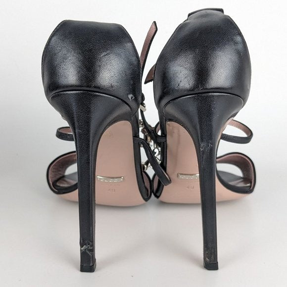 Gucci Crystal GG Black Leather Strappy Sandal Heels US 10 / EU 40