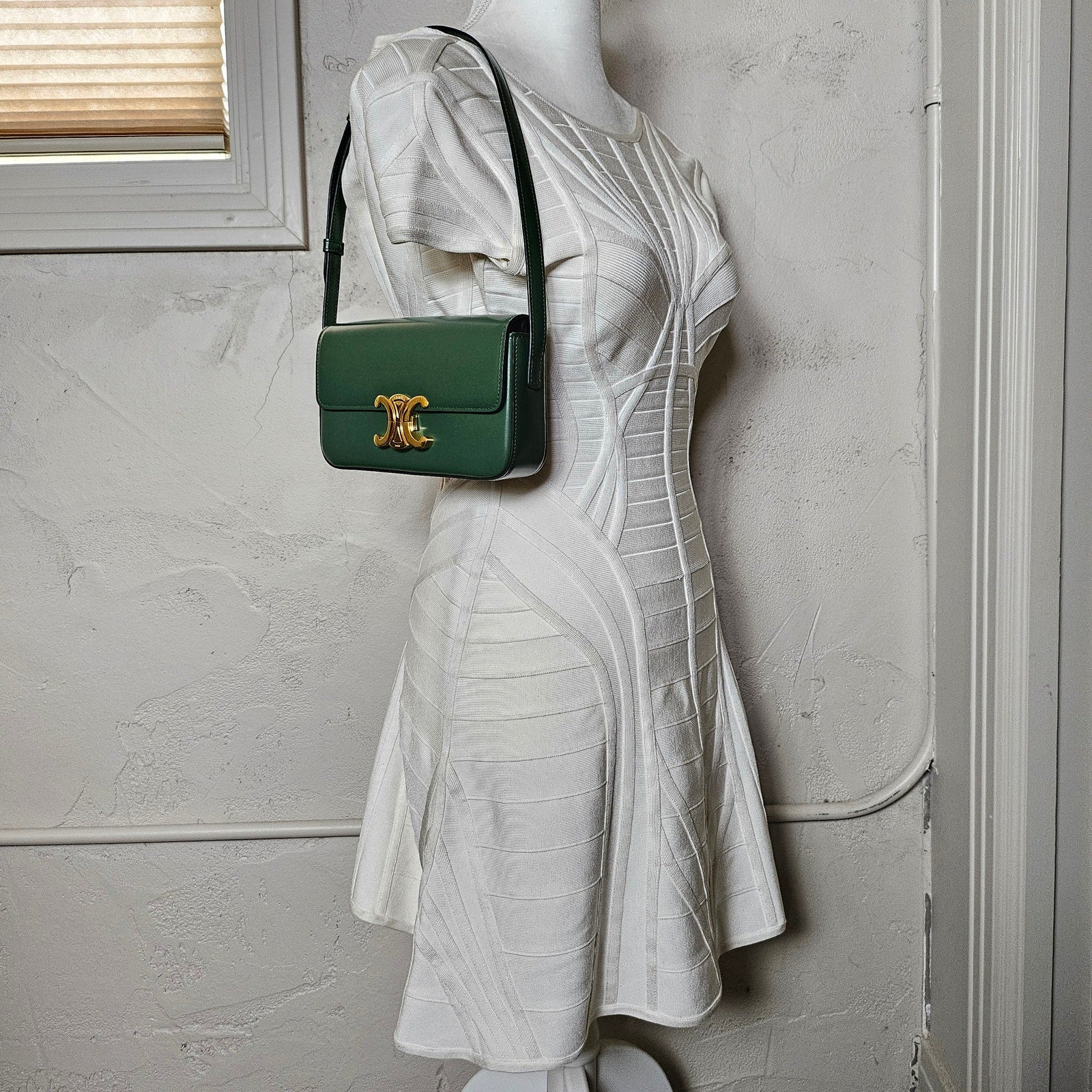 Celine Shiny Calfskin Triomphe Forest Green Shoulder Bag