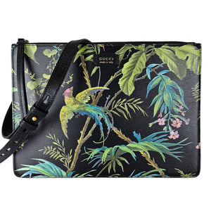 Gucci Tropical Bird Print Capsule Collection Black Leather Messenger Bag