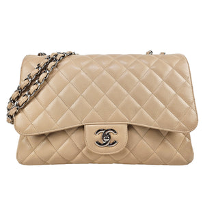Chanel Caviar Leather Quilted Jumbo Single Flap Beige