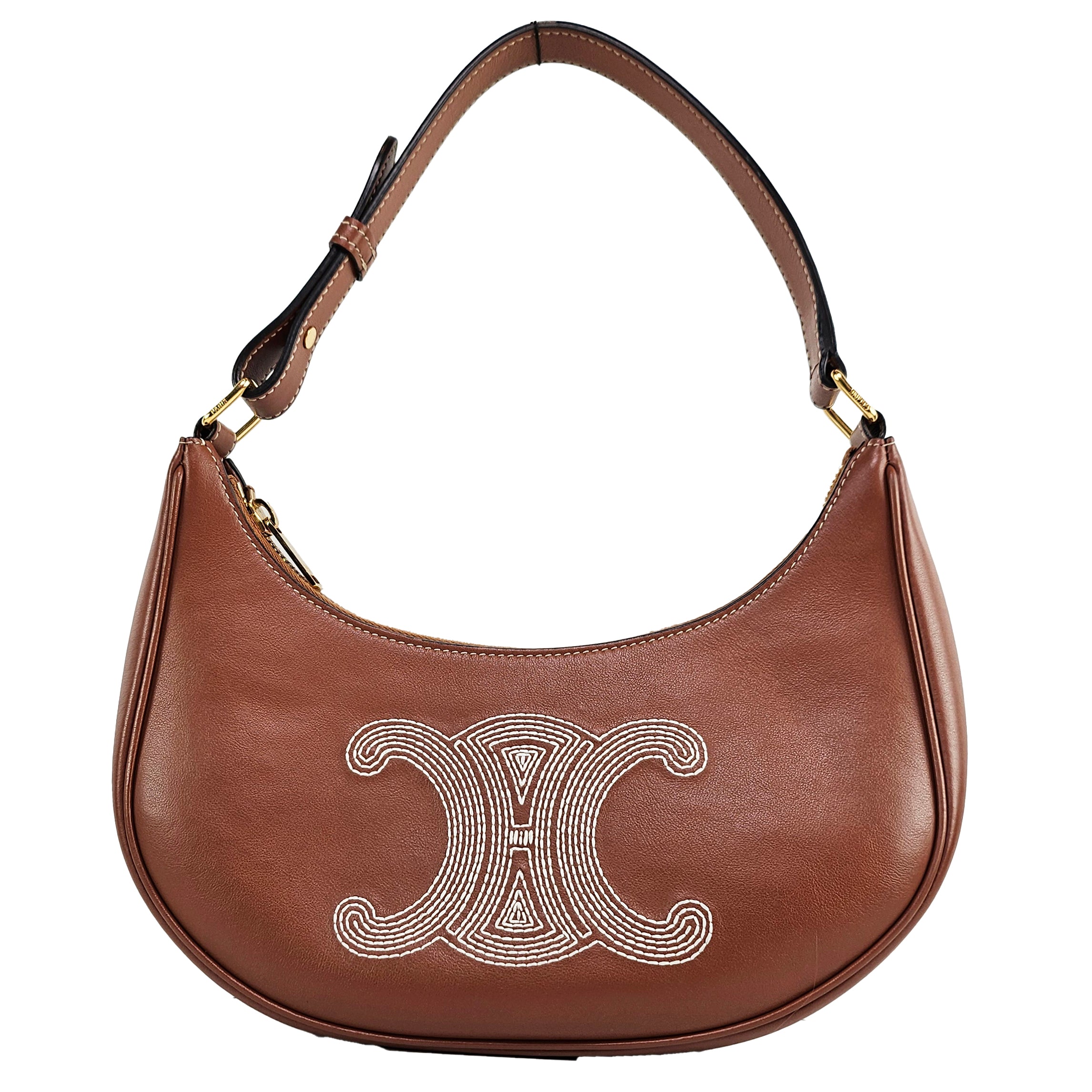 Celine Triomphe Embroidery Tan Brown Leather Shoulder Bag