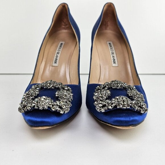 Manolo Blahnik Blue Satin Hangisi Crystal Pumps Size US 7.5 / EU 37.5