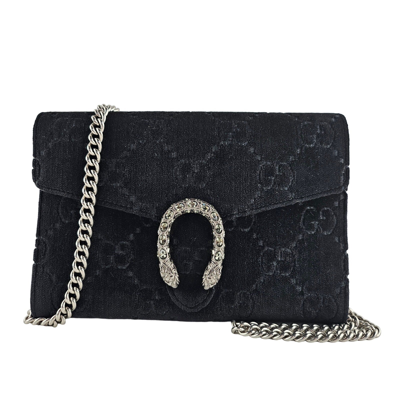 Gucci Dionysus Chain Wallet GG Velvet Small Black Crossbody Bag