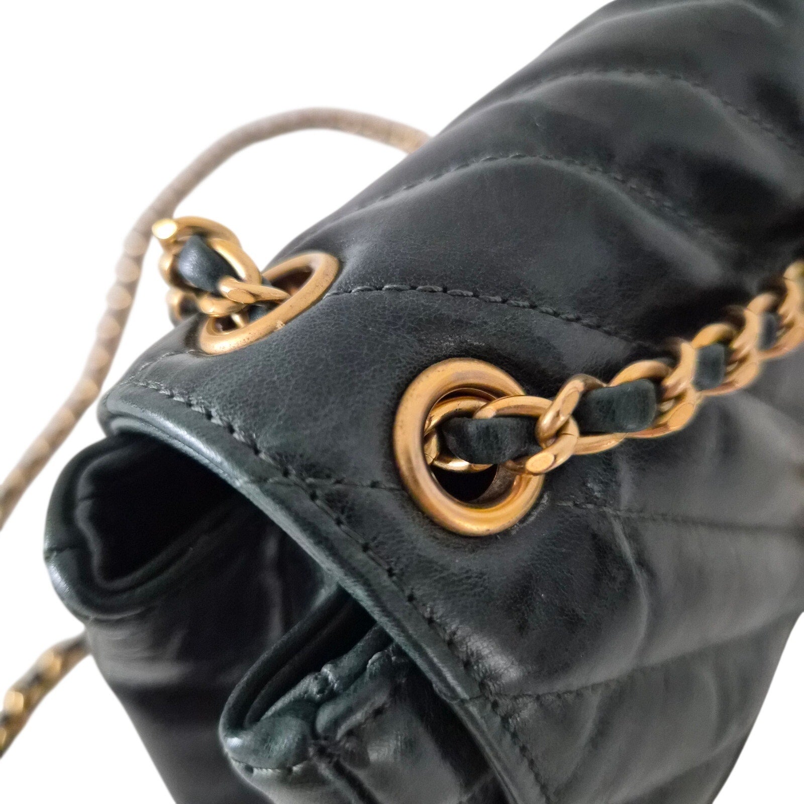 Chanel Dark Green Chevron Hampton Flap Shoulder Bag