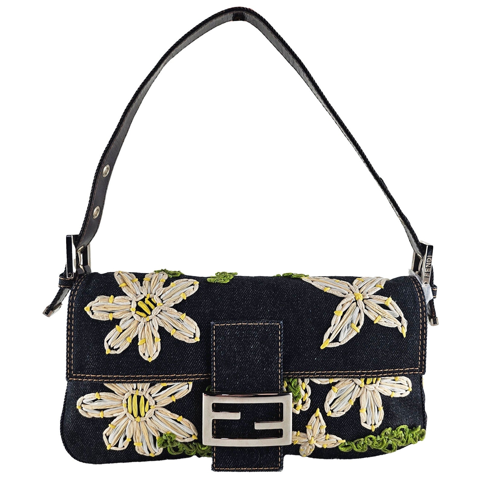 Fendi Navy Denim Yellow Flower Raffia Embroidered Baguette Bag