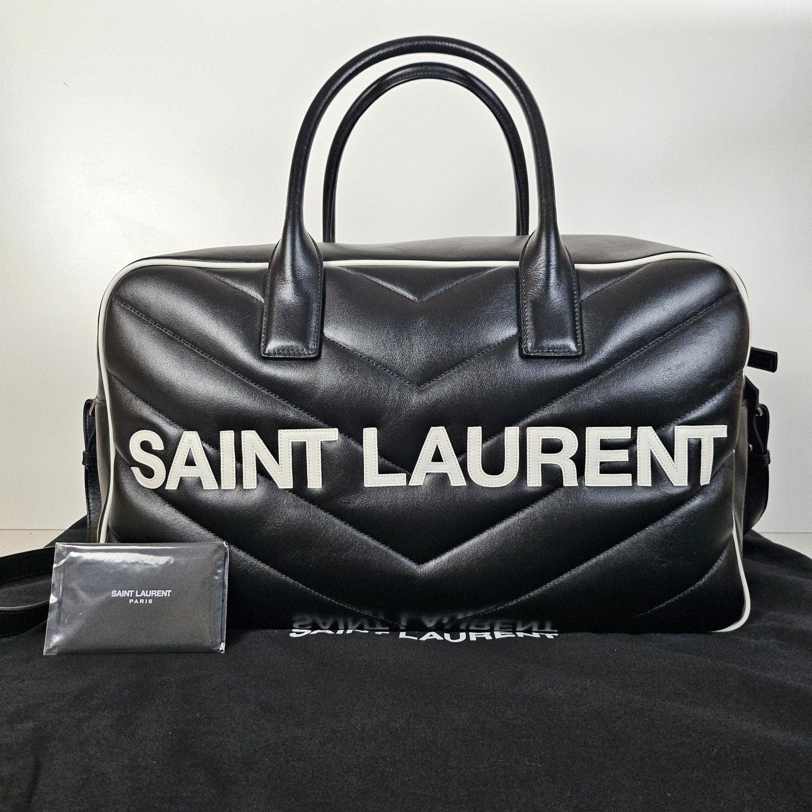 Saint Laurent Calfskin Miles Logo Bowler Duffel Bag Black