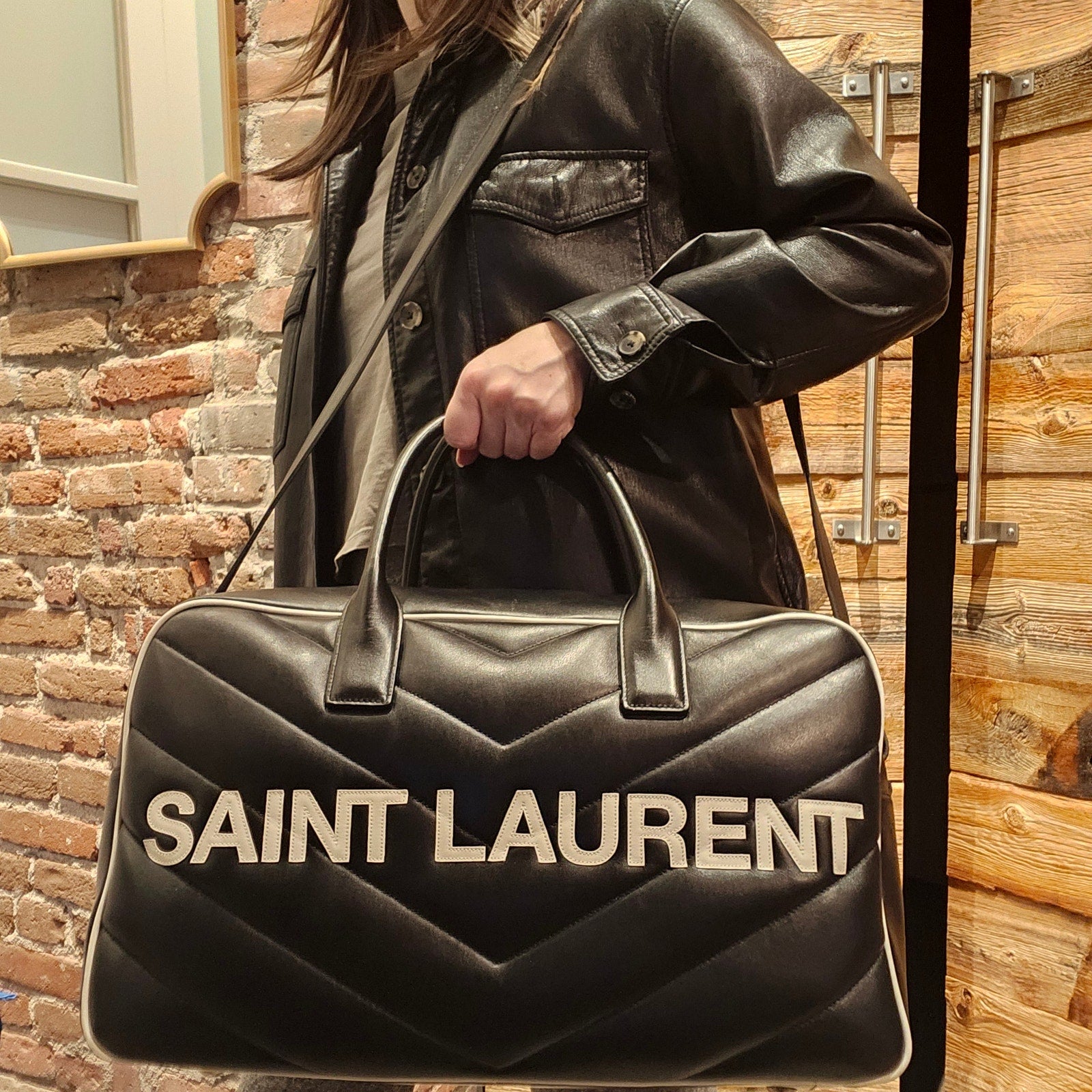 Saint Laurent Calfskin Miles Logo Bowler Duffel Bag Black