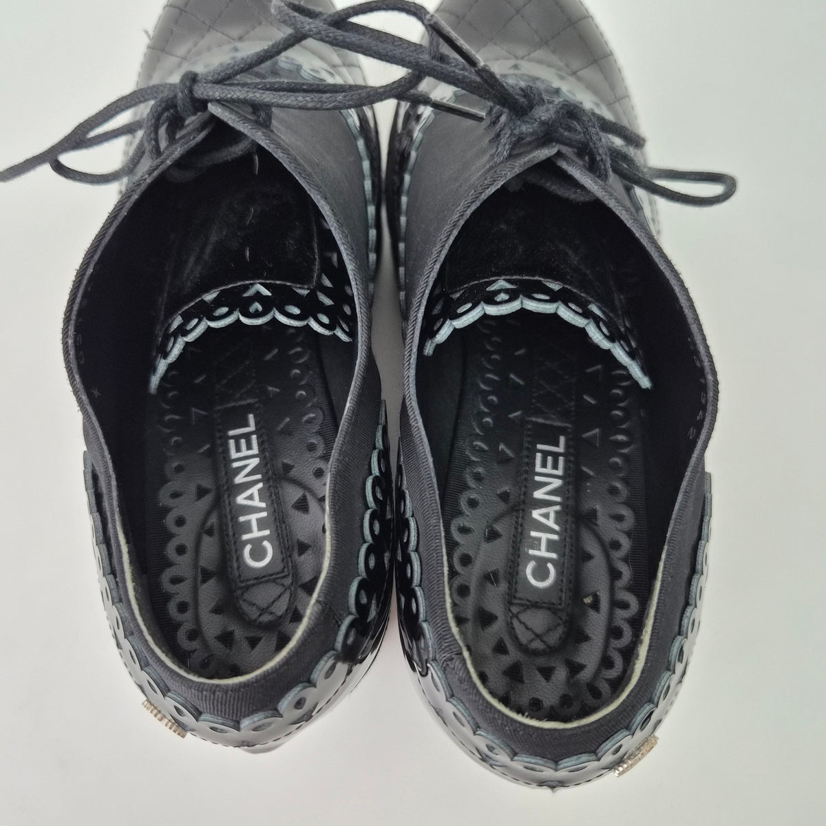 Chanel Black Quilted Patent Platform Lace-Up Oxfords US 6.5 / EU 36.5
