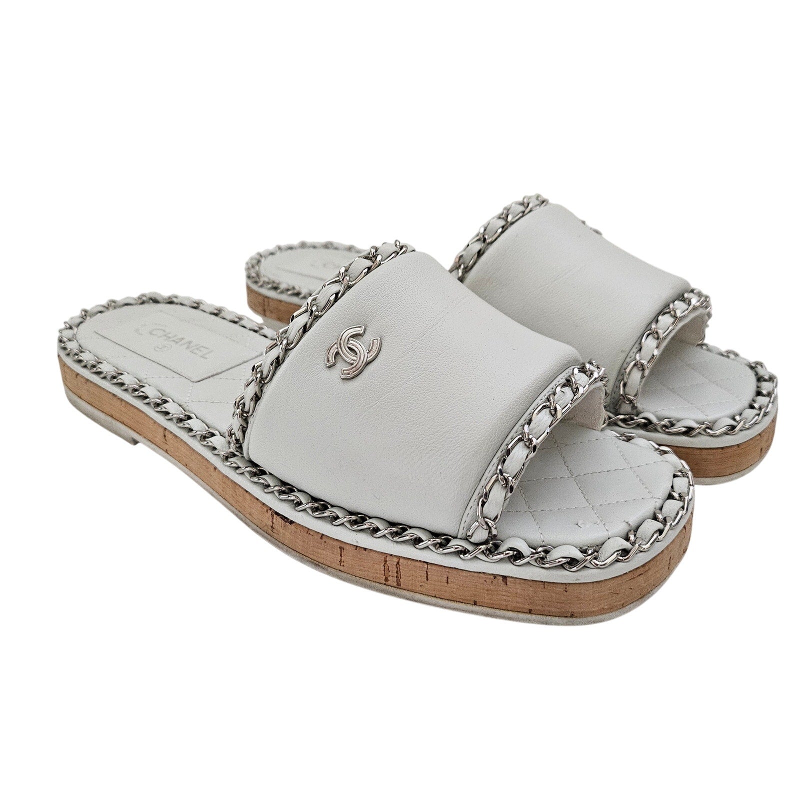 Chanel White Leather CC Chain Slides US 8 / EU 38