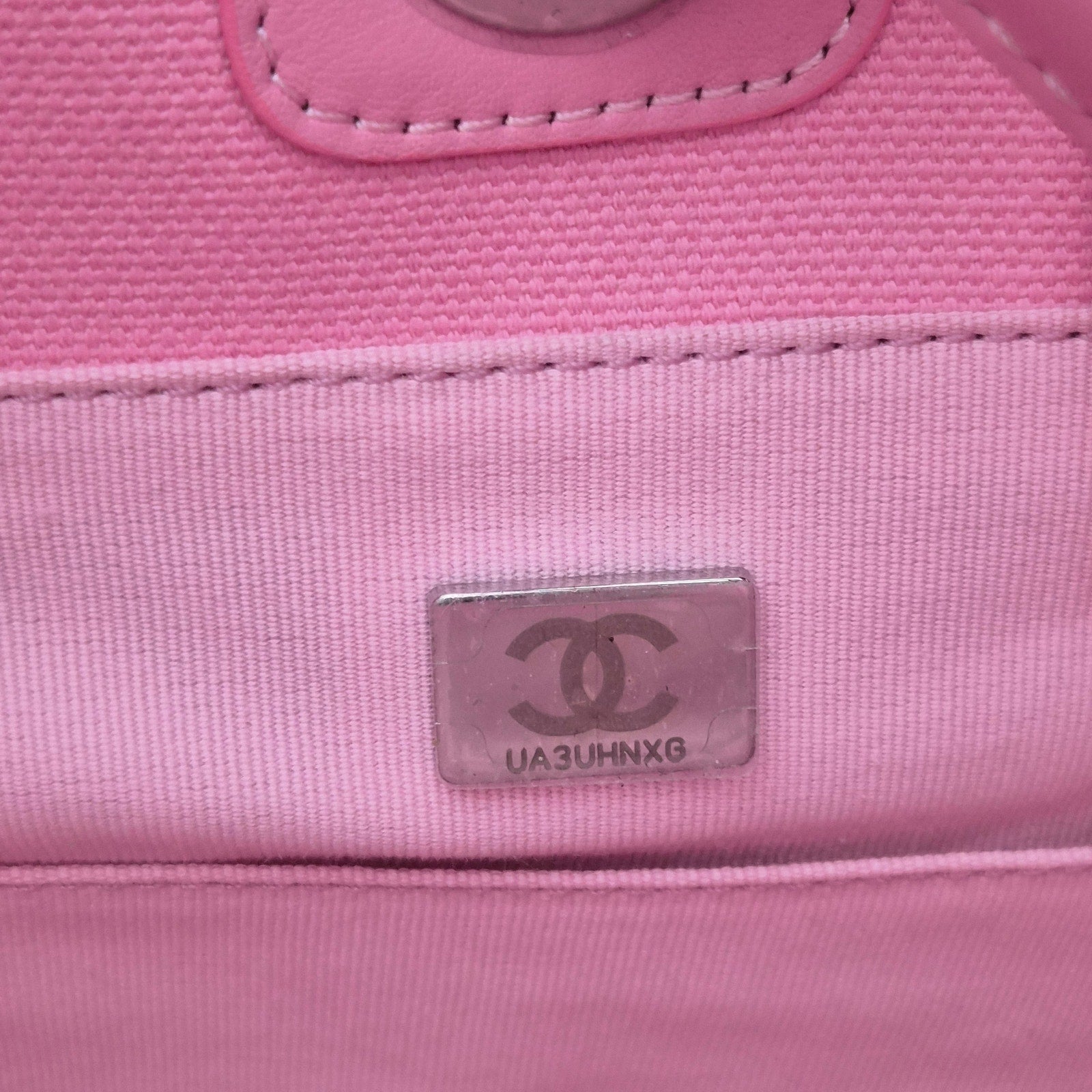 Chanel Deauville Medium Tote Bag Pink Pinstriped Canvas Blue Logo + Pouch